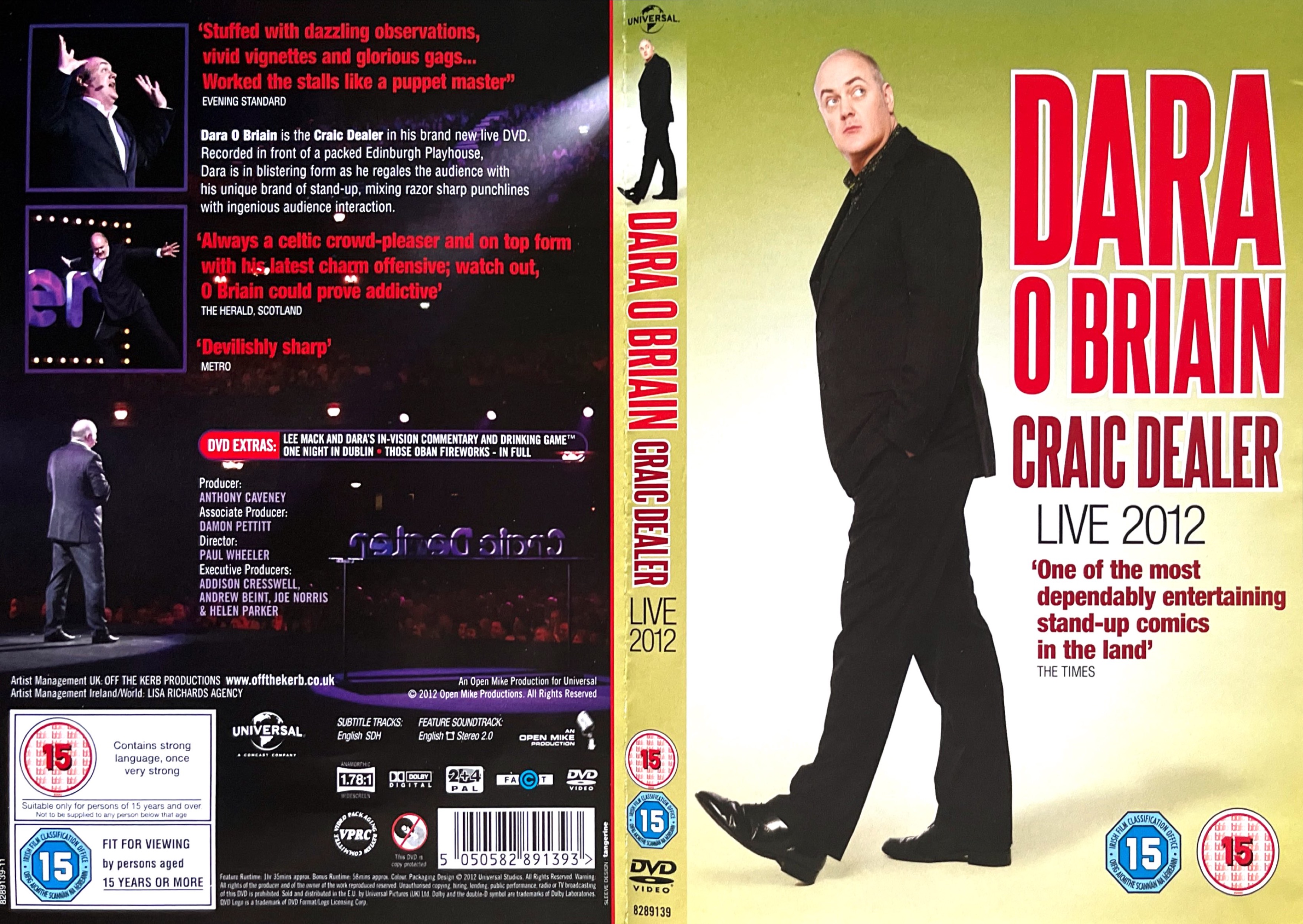 DVD cover spread for Dara O Briain - Craic Dealer, featuring Dara taking a sideways glance upwards as he walks along in a suit, and photos from the show alongside the description of the DVD on the back cover.