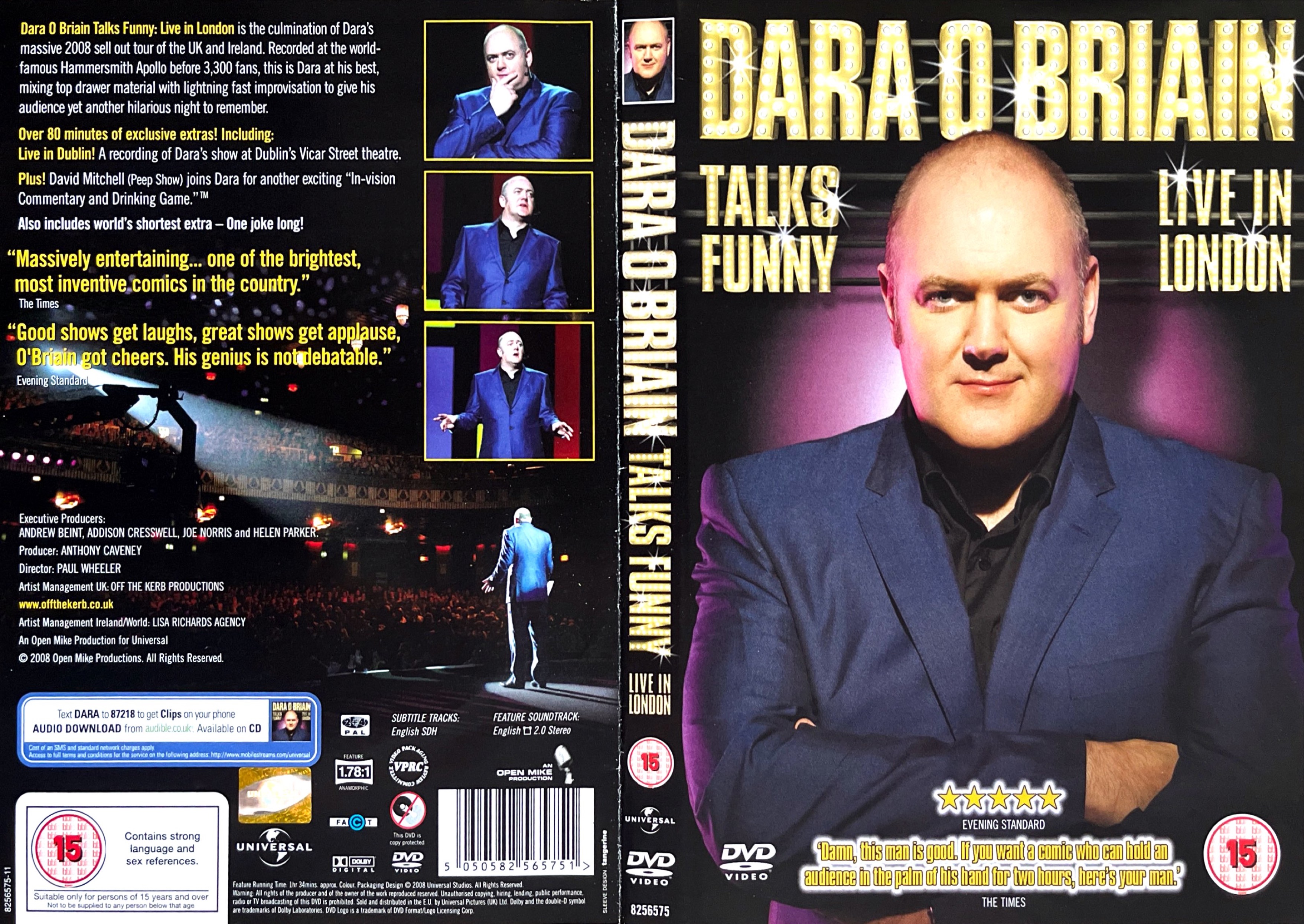 DVD cover spread for Dara O Briain - Talks Funny, with a photo of a smiling Dara in a suit on the front cover, and photos from the show alongside the description of the DVD on the back cover.