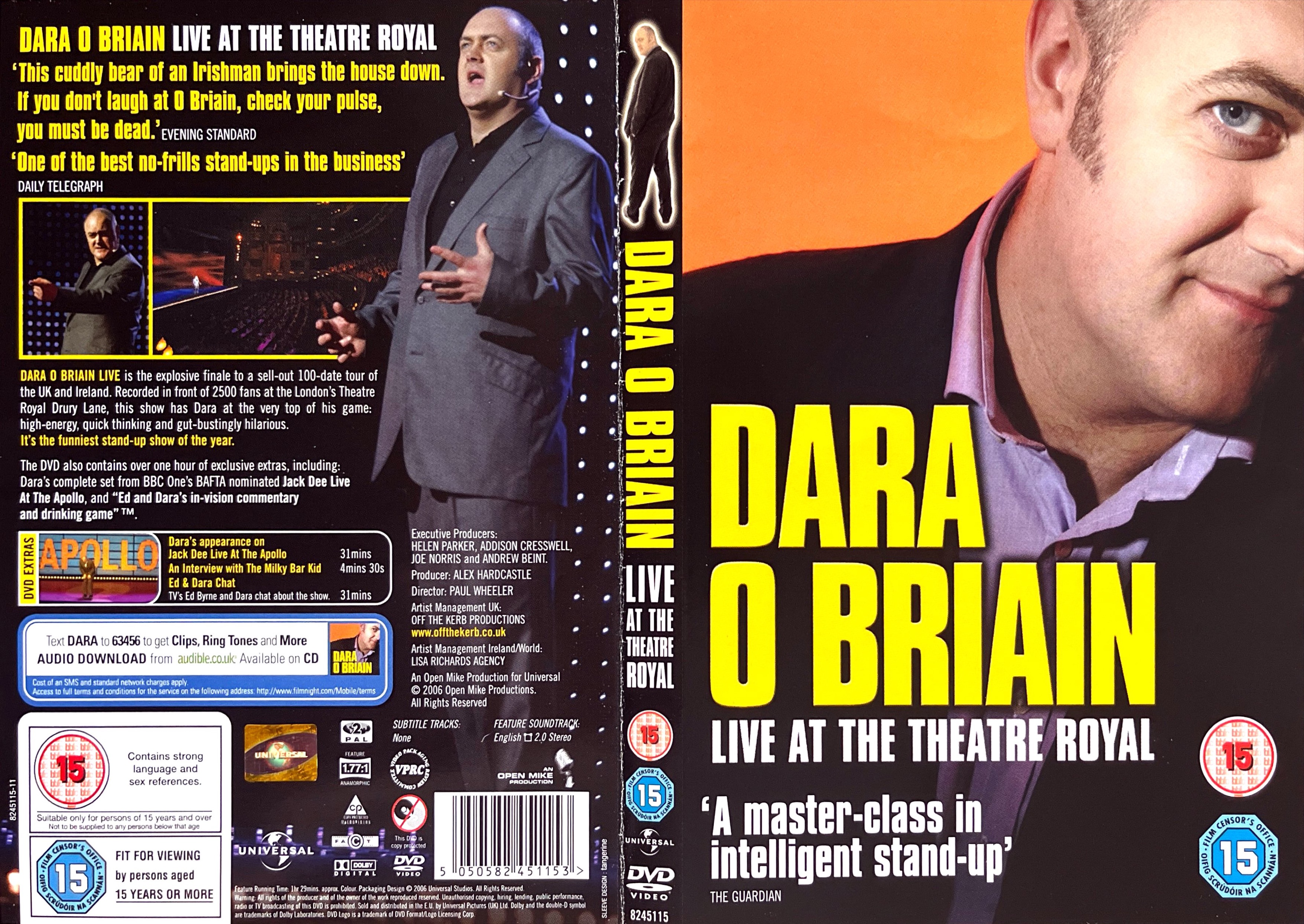 DVD cover spread for Dara O Briain - Live At The Theatre Royal. The front cover shows Dara leaning slightly to the side, so only half of his face is visible. And the shirt he's wearing under his jacket has the top button undone. The back cover shows a tall photo of Dara standing and performing on stage, alongside a description of the DVD and a couple of smaller photos from the performance.