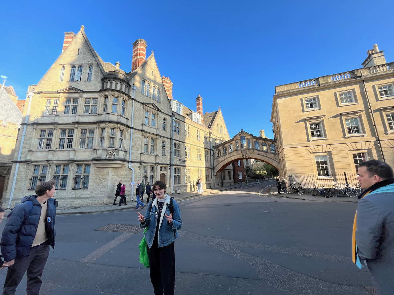 Hertford College in Oxford, consisting of 2 large buildings linked by a bridge over a road.