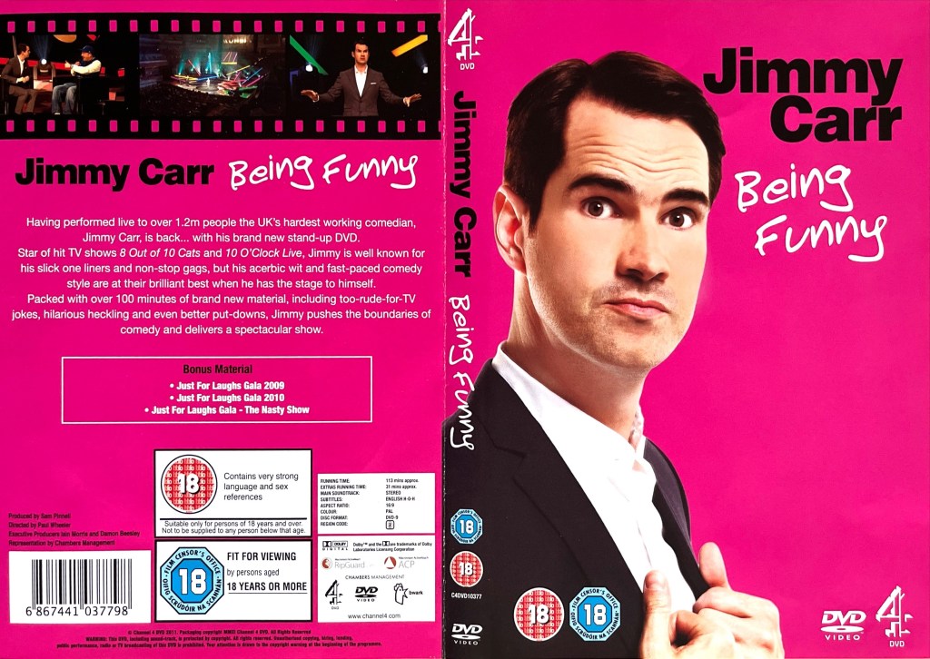 DVD cover spread for Jimmy Carr Being Funny, which has a pink background. On the front cover, Jimmy is looking at the camera with a serious expression, while on the back there are images from the show above the description of the DVD.