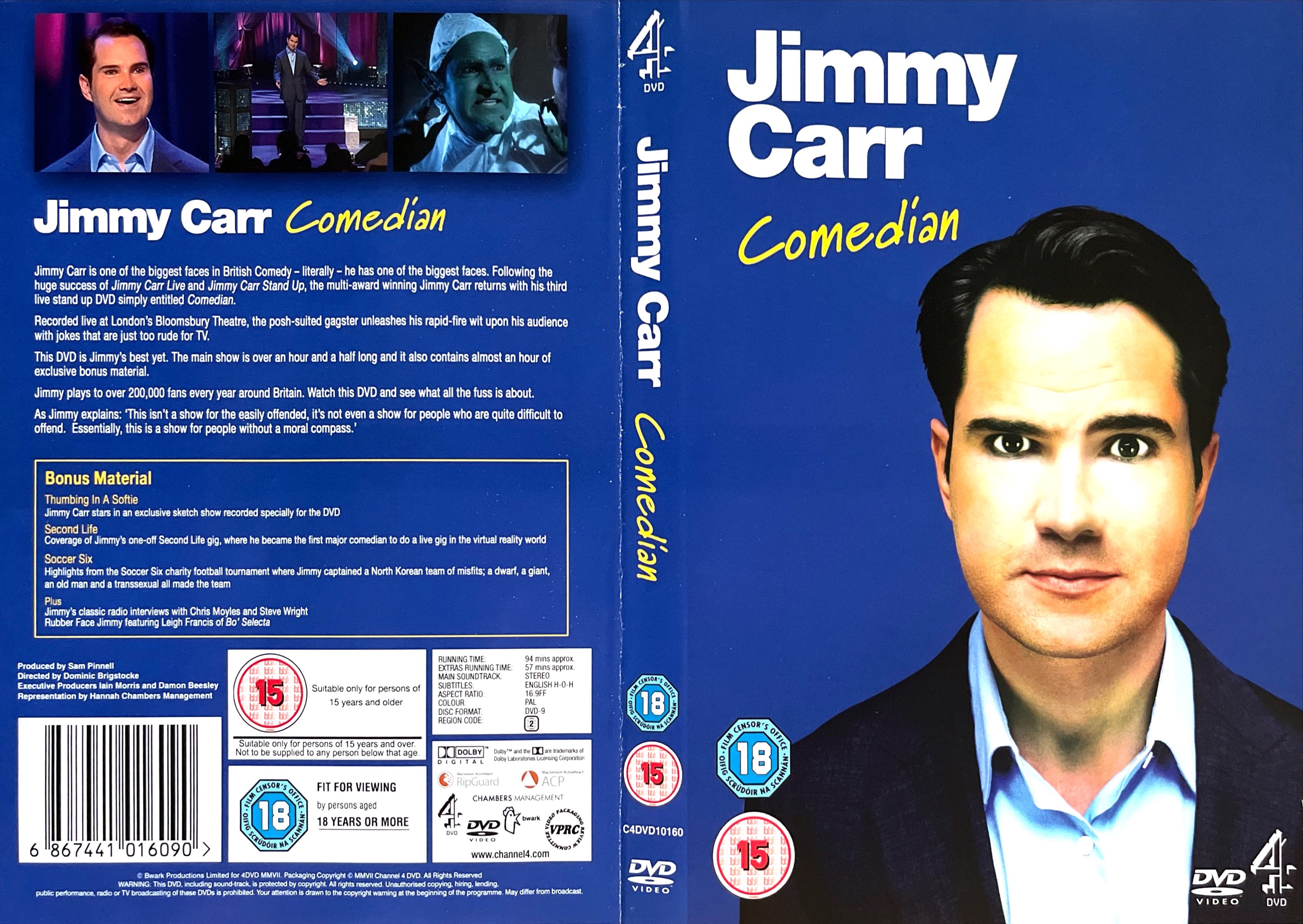 DVD cover spread for Jimmy Carr Comedian, which has a blue background. On the front cover, Jimmy stands staring straight ahead, while on the back there are images from the show and his Grinch character from one of the bonus sketches above the description of the DVD.