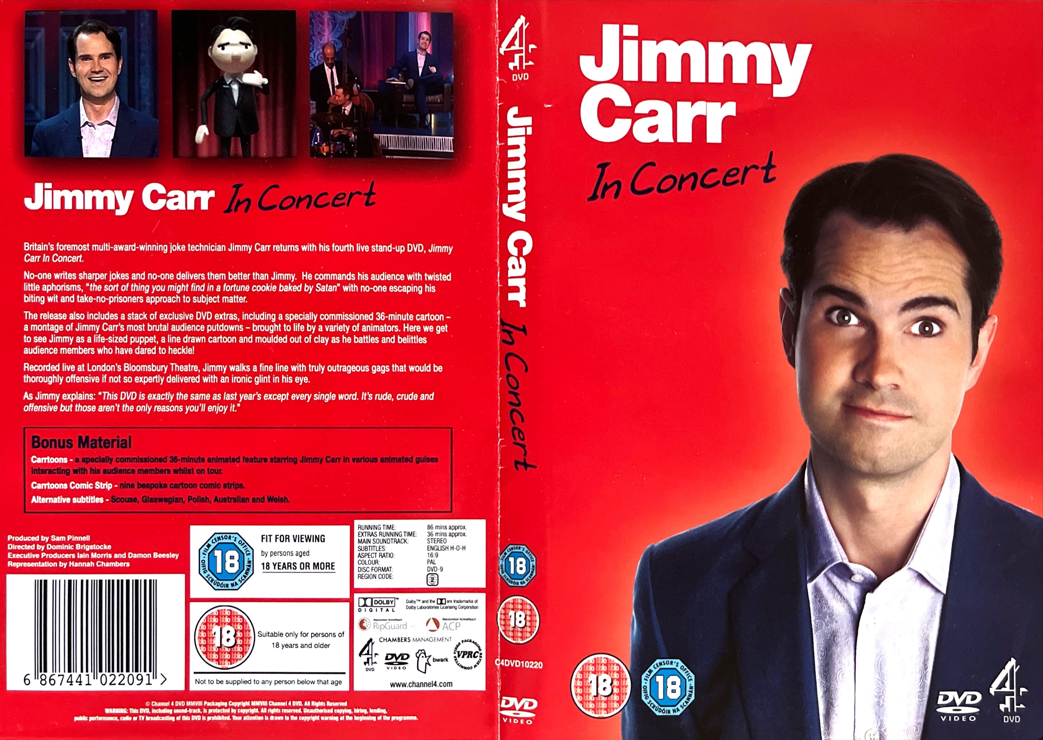 DVD cover spread for Jimmy Carr Comedian, which has a red background. On the front cover, Jimmy is smiling and looking straight ahead, while on the back there are images from the show and the extras above the description of the DVD.