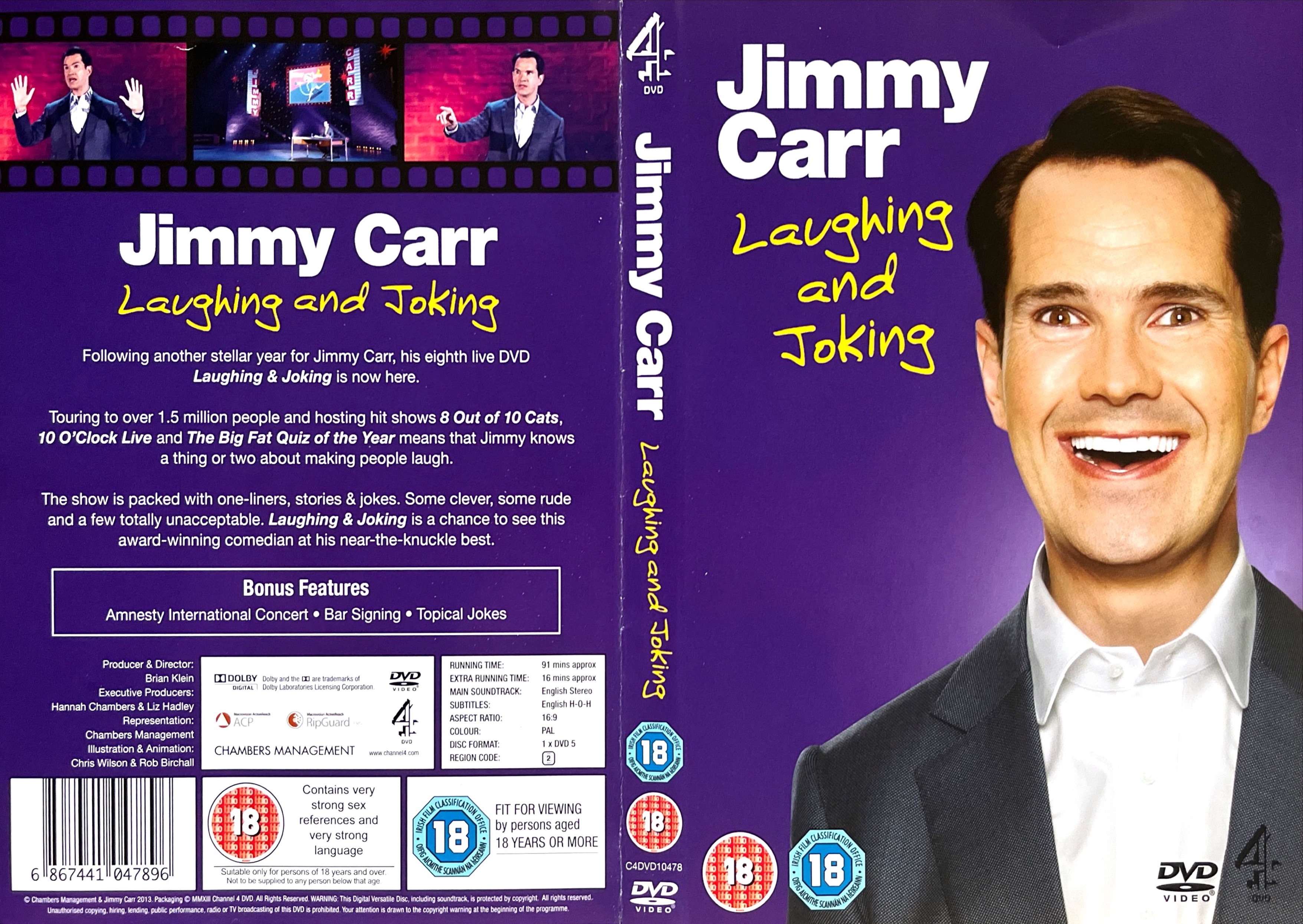 DVD cover spread for Jimmy Carr Laughing And Joking, which has a purple background. On the front cover, Jimmy is looking straight at the camera with a beaming smile, while on the back there are images from the show above the description of the DVD.