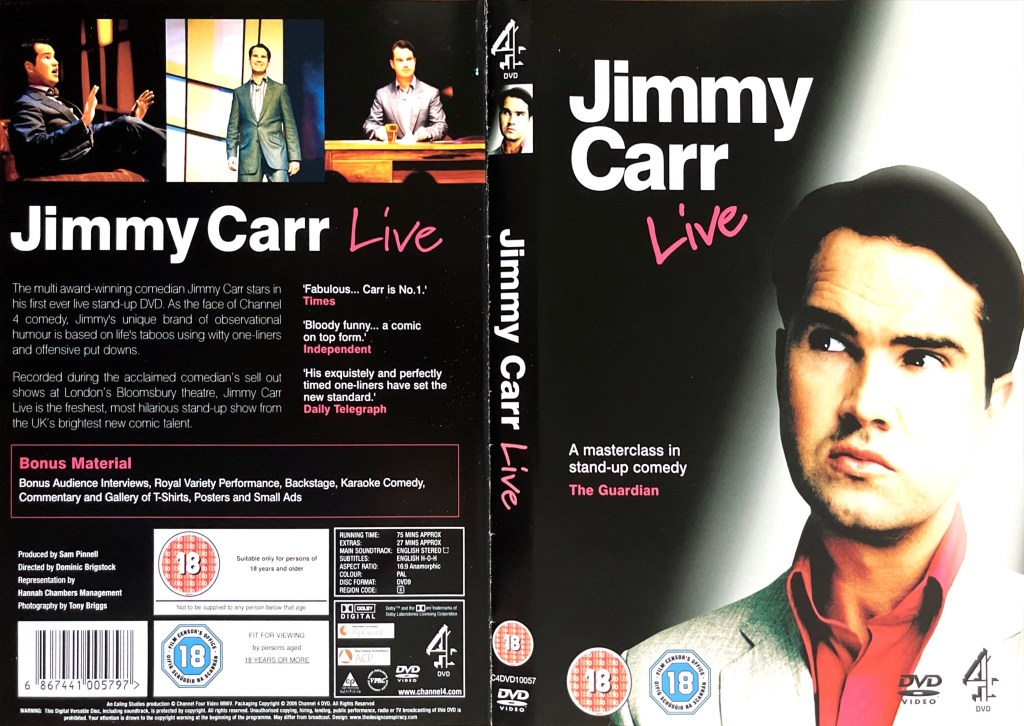 DVD cover spread for Jimmy Carr Live, which has a black background. On the front cover, Jimmy looks upwards curiously, while on the back there are images from the show above the description of the DVD.