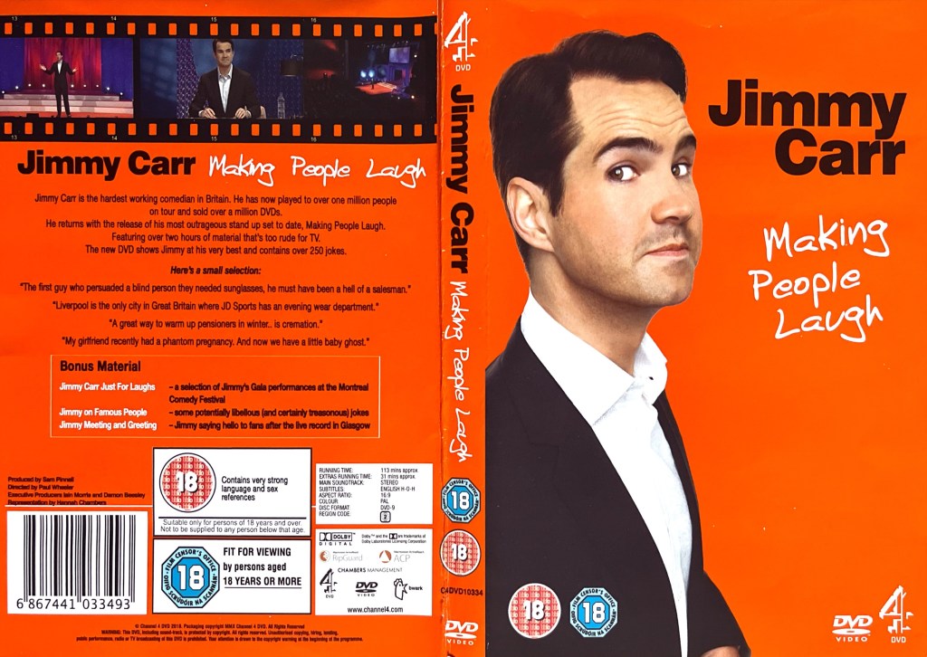 DVD cover spread for Jimmy Carr Making People Laugh, which has an orange background. On the front cover, Jimmy is looking sideways at the camera with a curious expression, while on the back there are images from the show above the description of the DVD.