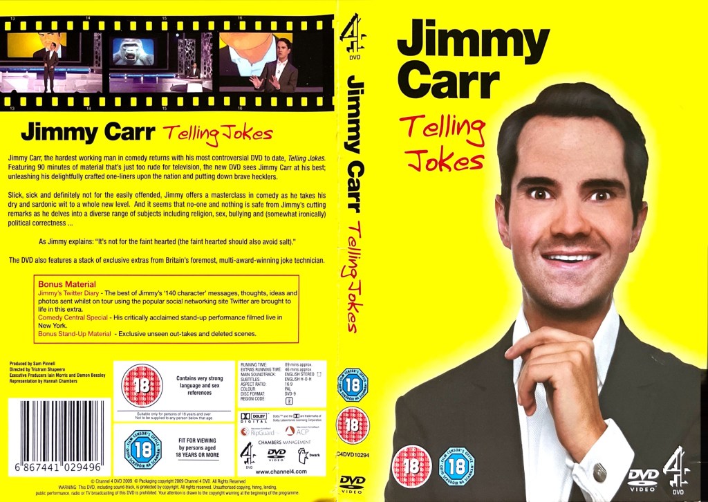 DVD cover spread for Jimmy Carr Telling Jokes, which has a yellow background. On the front cover, Jimmy is smiling widely and looking straight ahead, while on the back there are images from the show above the description of the DVD.