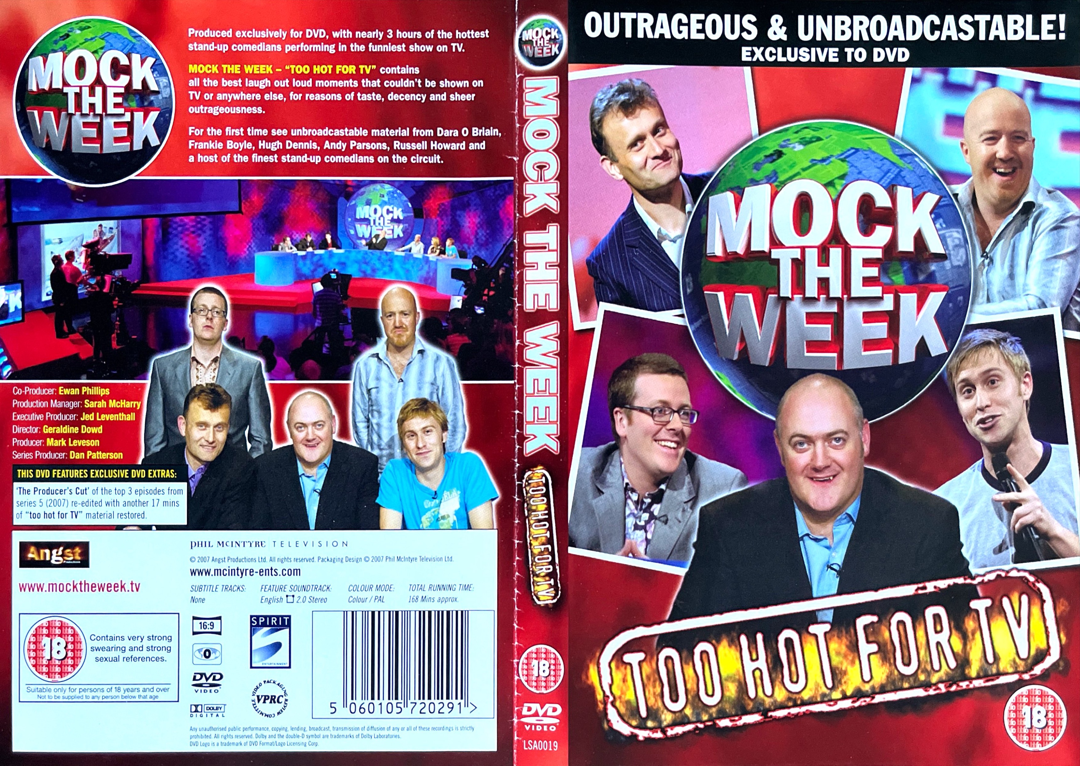 DVD cover spread for Mock The Week, Too Hot For TV, Volume 1, described as outrageous and unbroadcastable, with photos of Dara O Briain, Hugh Dennis, Frankie Boyle, Andy Parsons and Russell Howard.