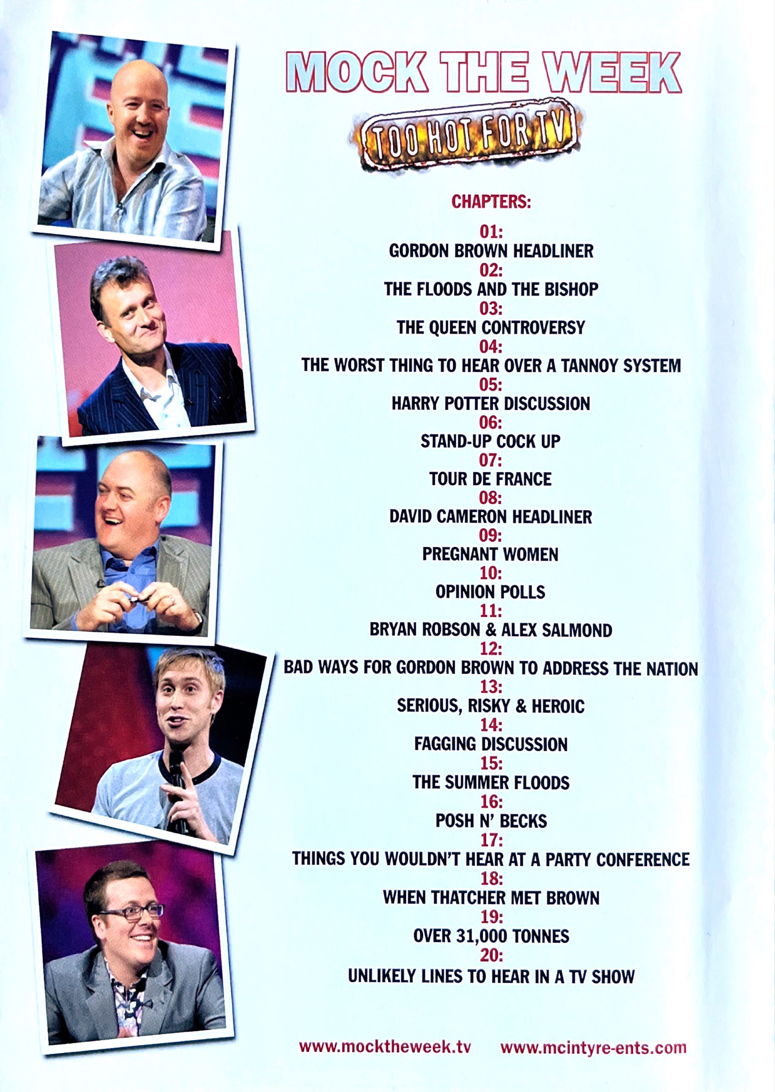 Chapter headings for the compilation feature on the DVD Mock The Week, Too Hot For TV, Volume 1.