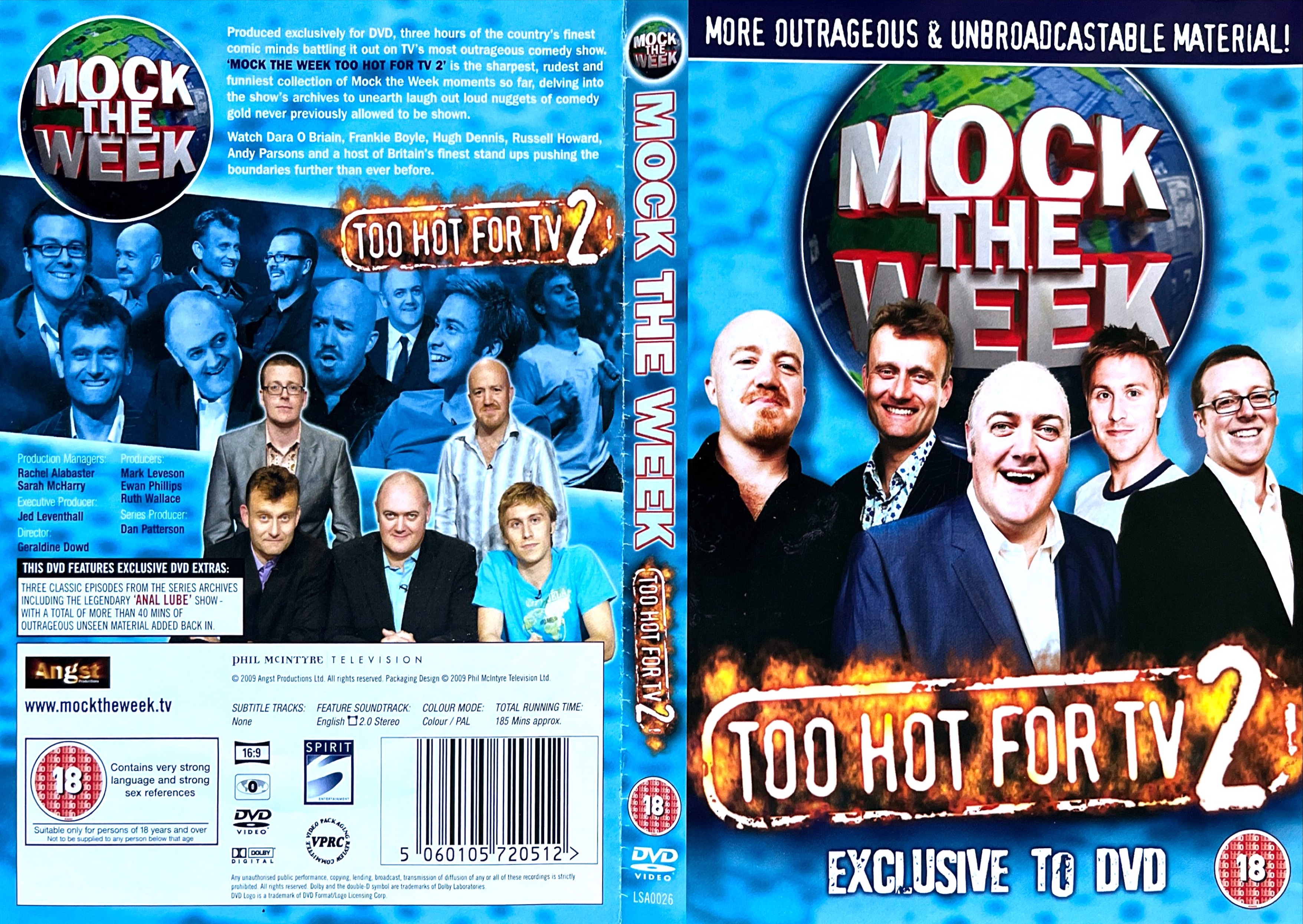 DVD cover spread for Mock The Week, Too Hot For TV, Volume 2, described as having more outrageous and unbroadcastable material, with photos of Dara O Briain, Hugh Dennis, Frankie Boyle, Andy Parsons and Russell Howard.