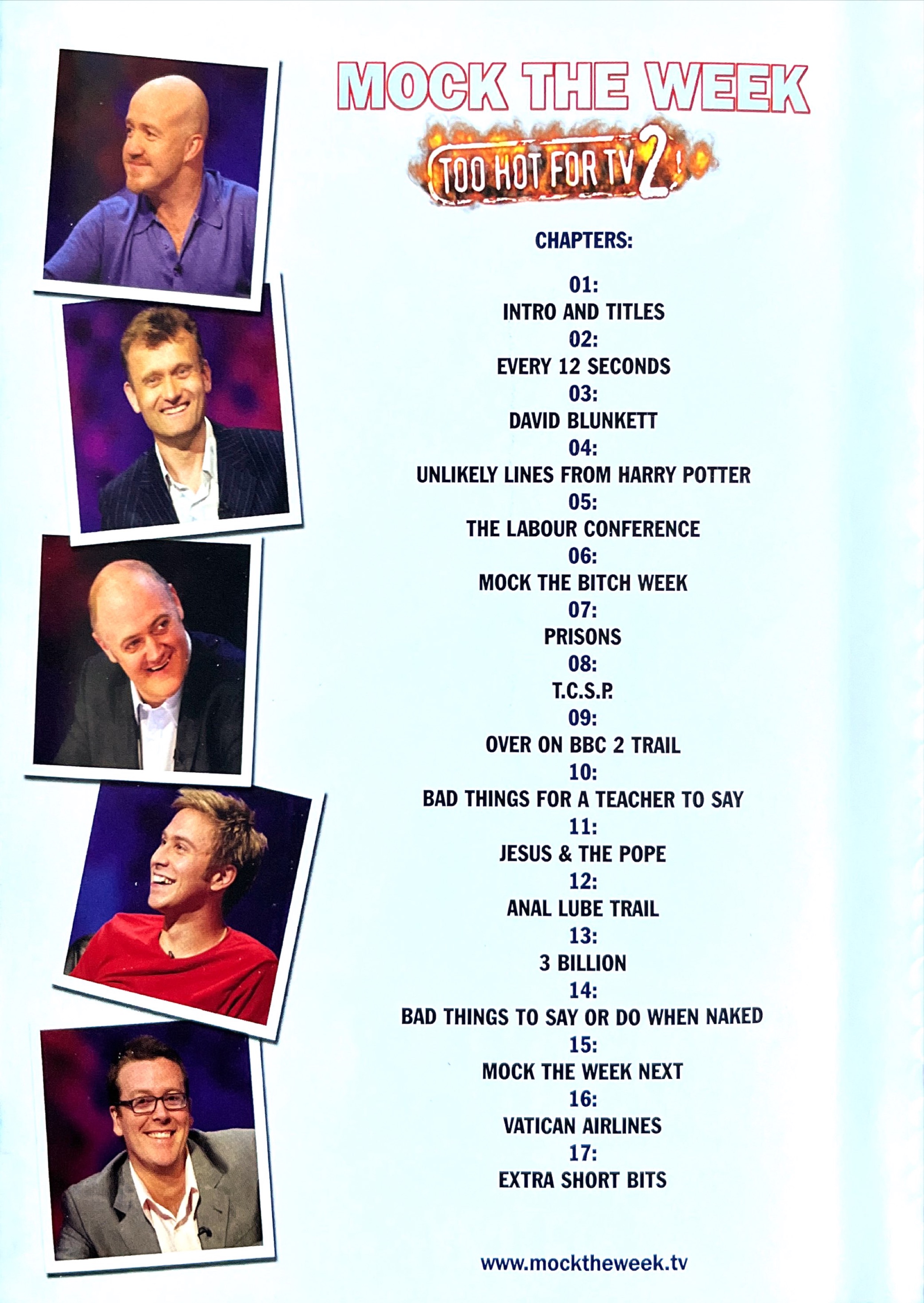 Chapter headings for the compilation feature on the DVD Mock The Week, Too Hot For TV, Volume 2.