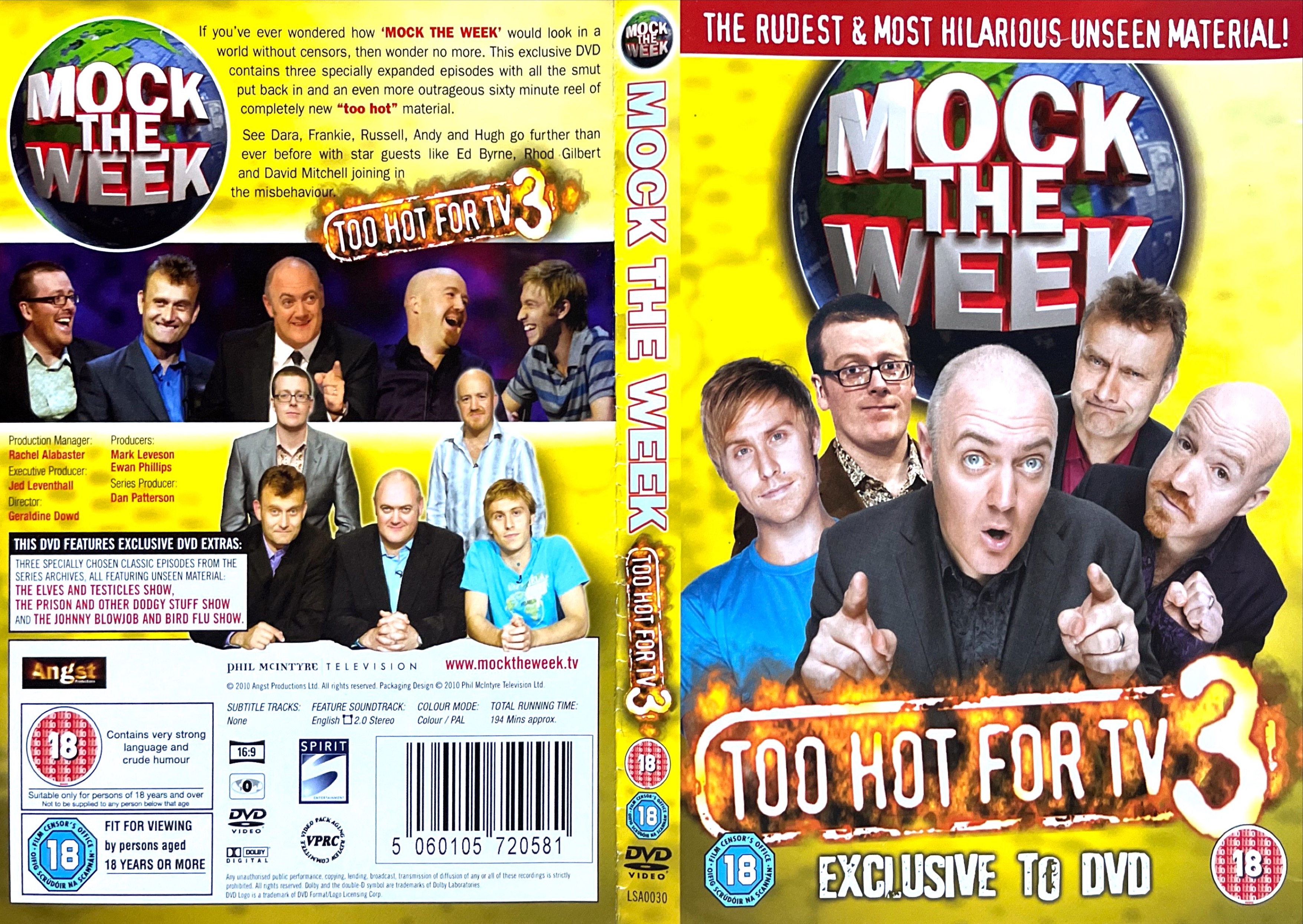 DVD cover spread for Mock The Week, Too Hot For TV, Volume 3, described as having the rudest and most hilarious unseen material, with photos of Dara O Briain, Hugh Dennis, Frankie Boyle, Andy Parsons and Russell Howard.