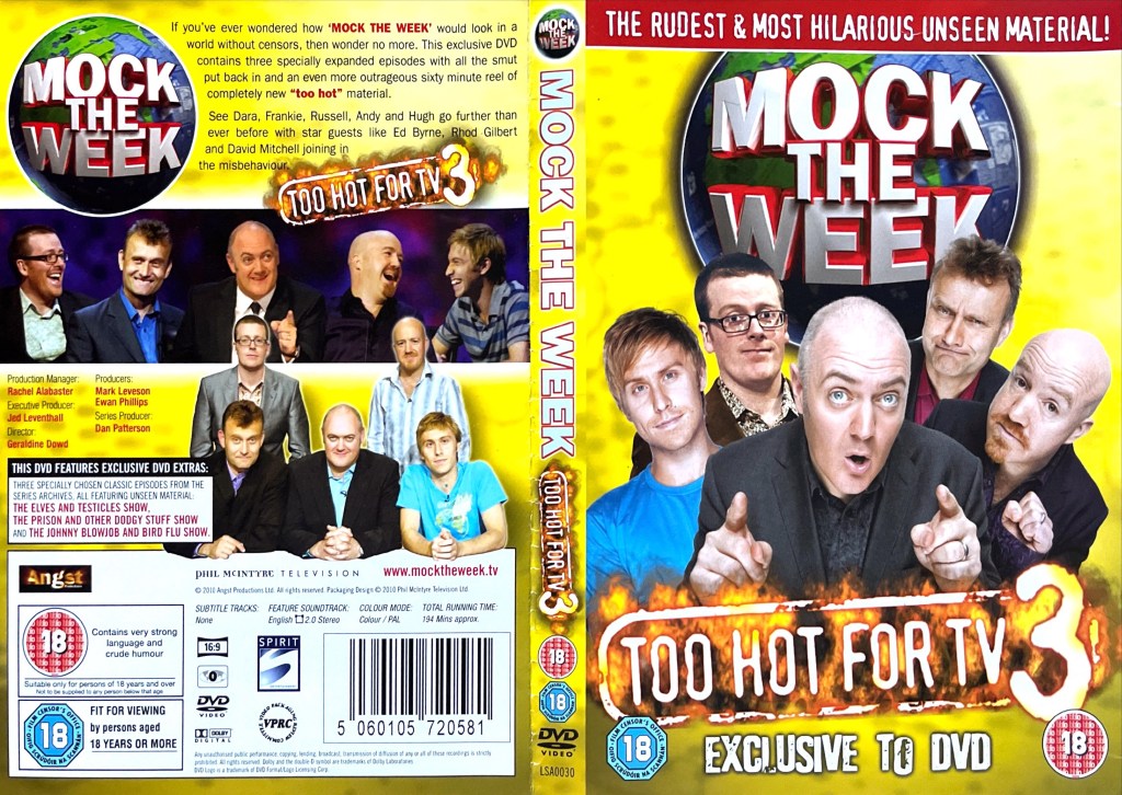 DVD cover spread for Mock The Week, Too Hot For TV, Volume 3, described as having the rudest and most hilarious unseen material, with photos of Dara O Briain, Hugh Dennis, Frankie Boyle, Andy Parsons and Russell Howard.