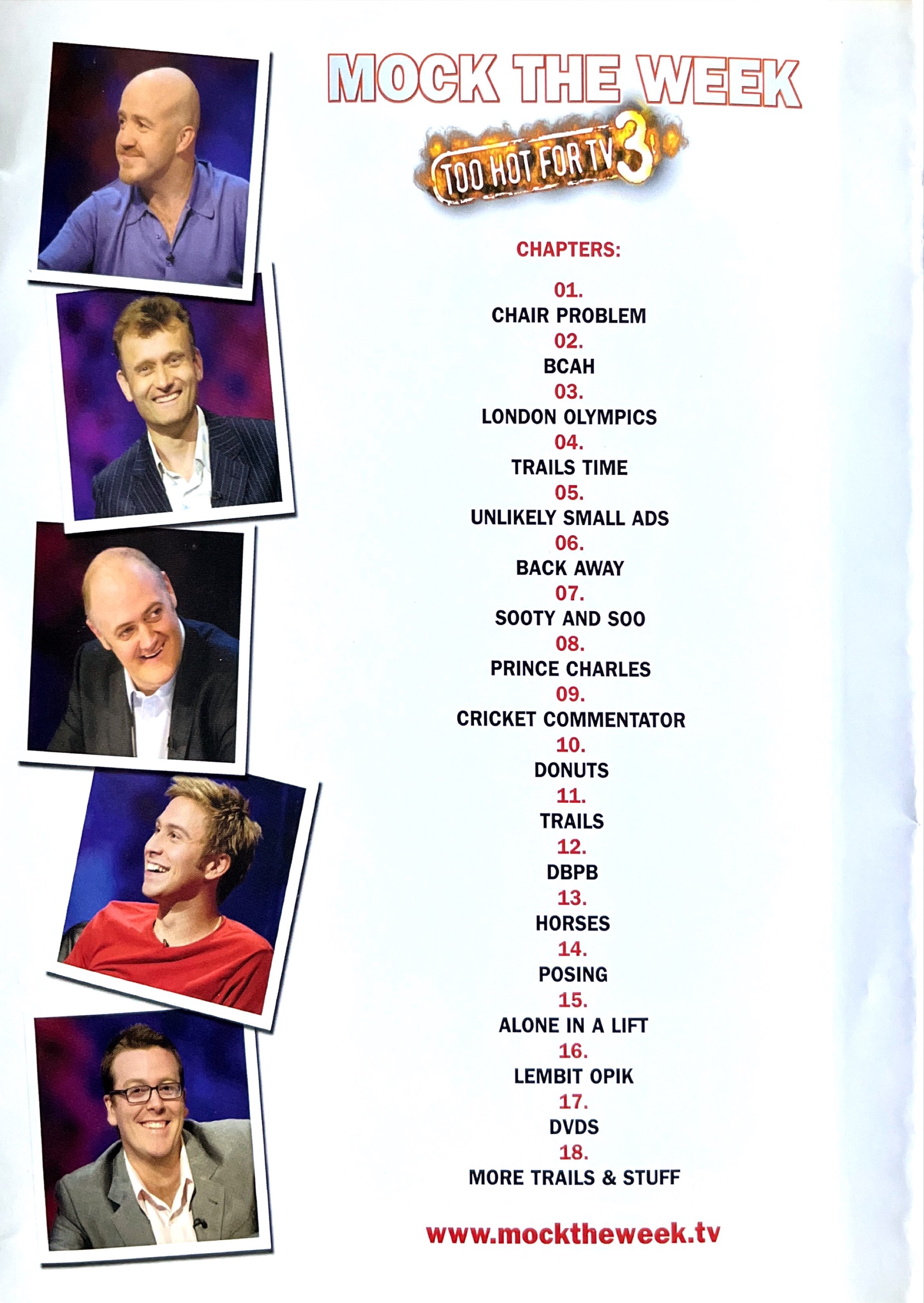 Chapter headings for the compilation feature on the DVD Mock The Week, Too Hot For TV, Volume 3.