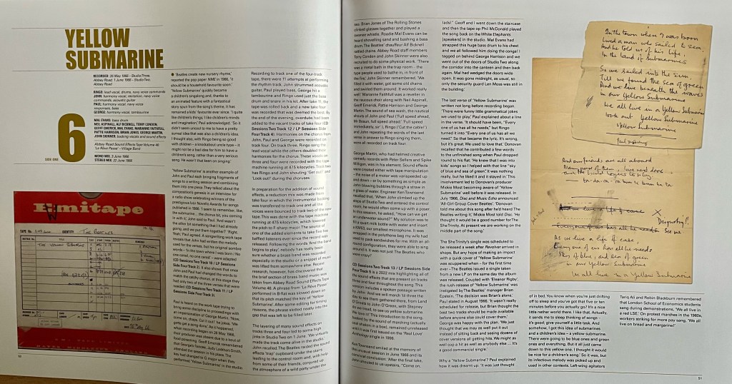 2-page spread from the book with the Revolver Super Deluxe Box Set, with lots of text about the song Yellow Submarine, plus photos of the tape case and handwritten lyrics.