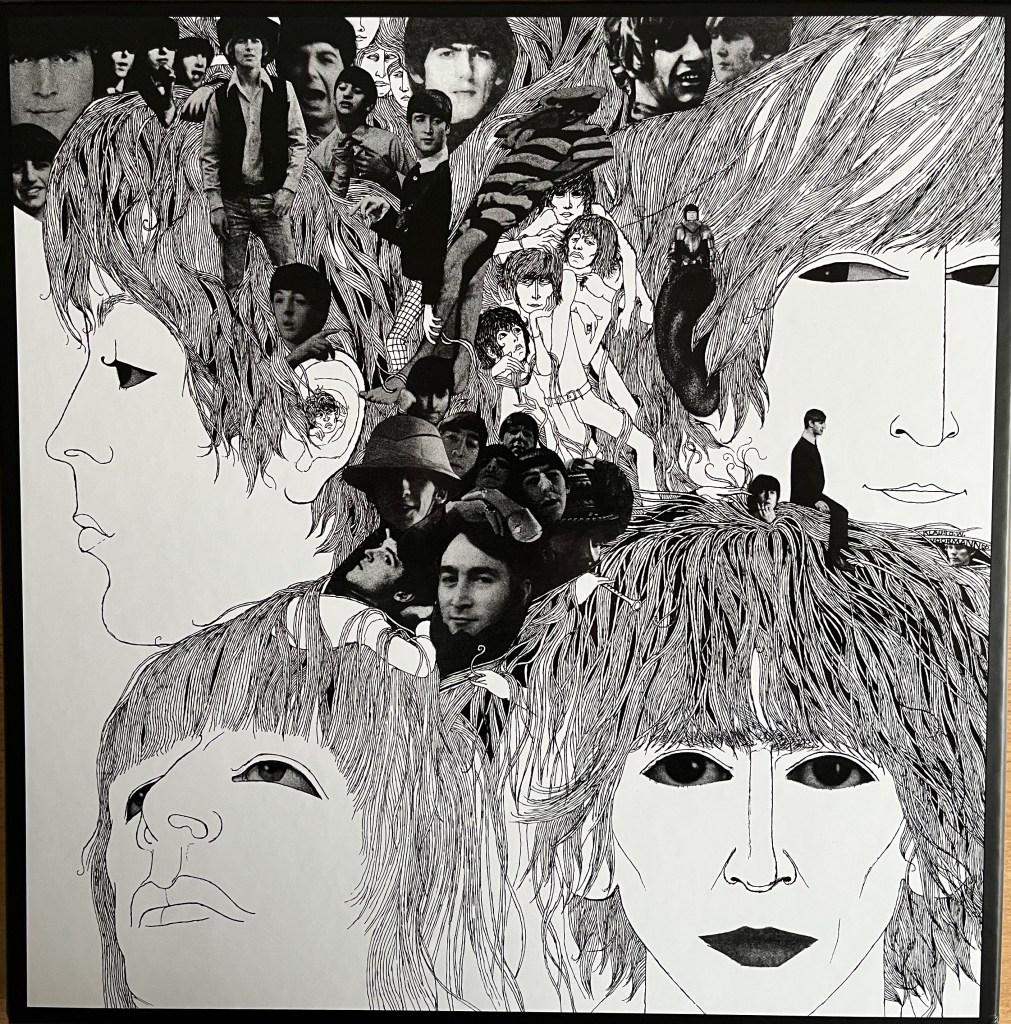 Front cover of the super deluxe box set for the album Revolver by The Beatles. It shows large black and white sketch-style headshots of the 4 band members, with smaller black and white photos of the band members in the spaces between them.