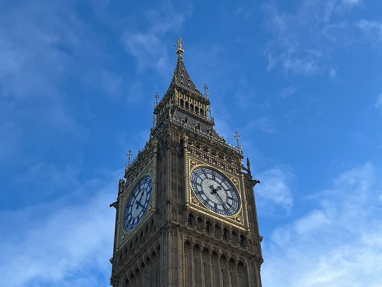 The newly restored clock and decorative ornate fixtures at the top of Big Ben.