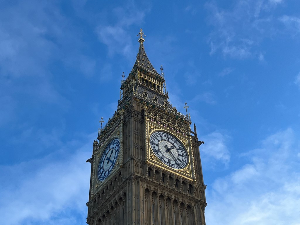 The newly restored clock and decorative ornate fixtures at the top of Big Ben.