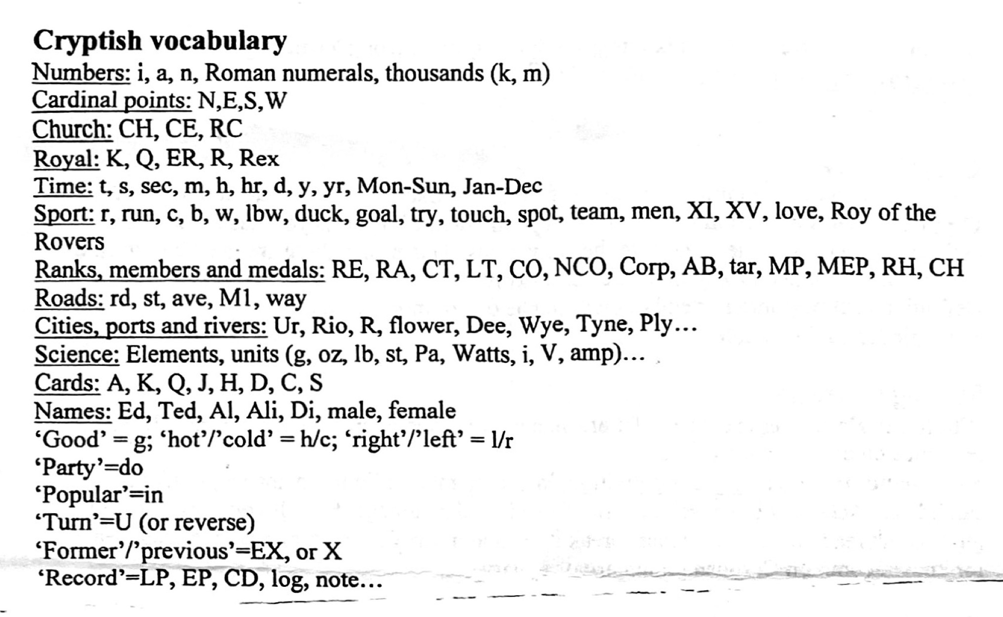 A page listing some of the different types of vocabulary used in cryptic crossword clues.