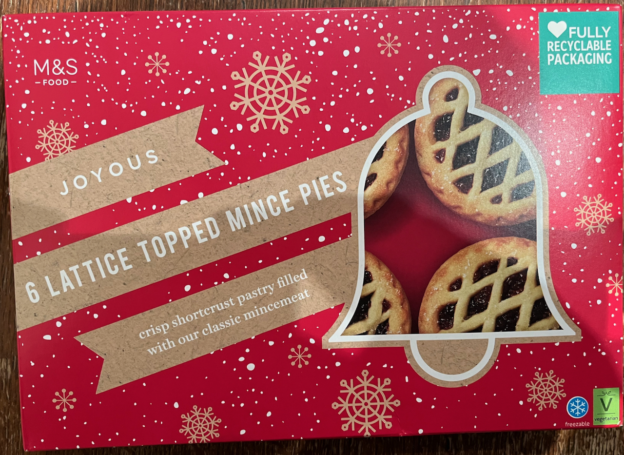 M&S Lattice Topped Mince Pies, where the pastry on the top is in a zig zag pattern that shows the mince through the gaps.