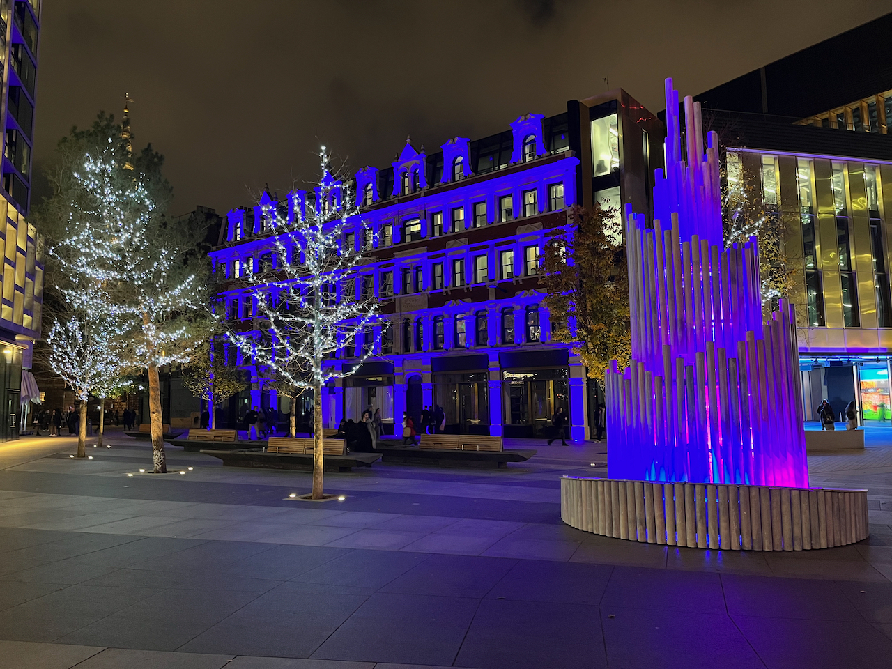 A tree shape made from lots of thin vertical pipes of different lengths. The very tallest pipes are in the centre, surrounded by a layer of medium height pipes, surrounded by a lower layer of small pipes. The structure is lit in blue. To the left, a real tree has its thin bare branches completely covered in festive lights.
