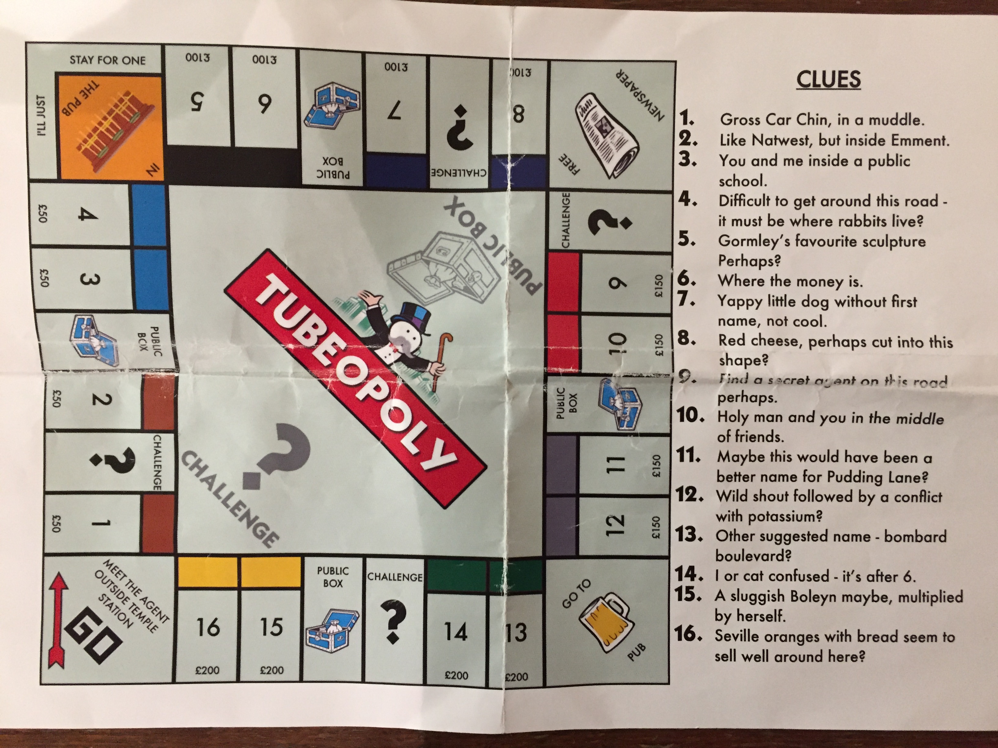 A Monopoly style board featuring coloured pairs of Tube stations instead of sets of properties, plus a list of cryptic clues referring to 16 stations on the network.