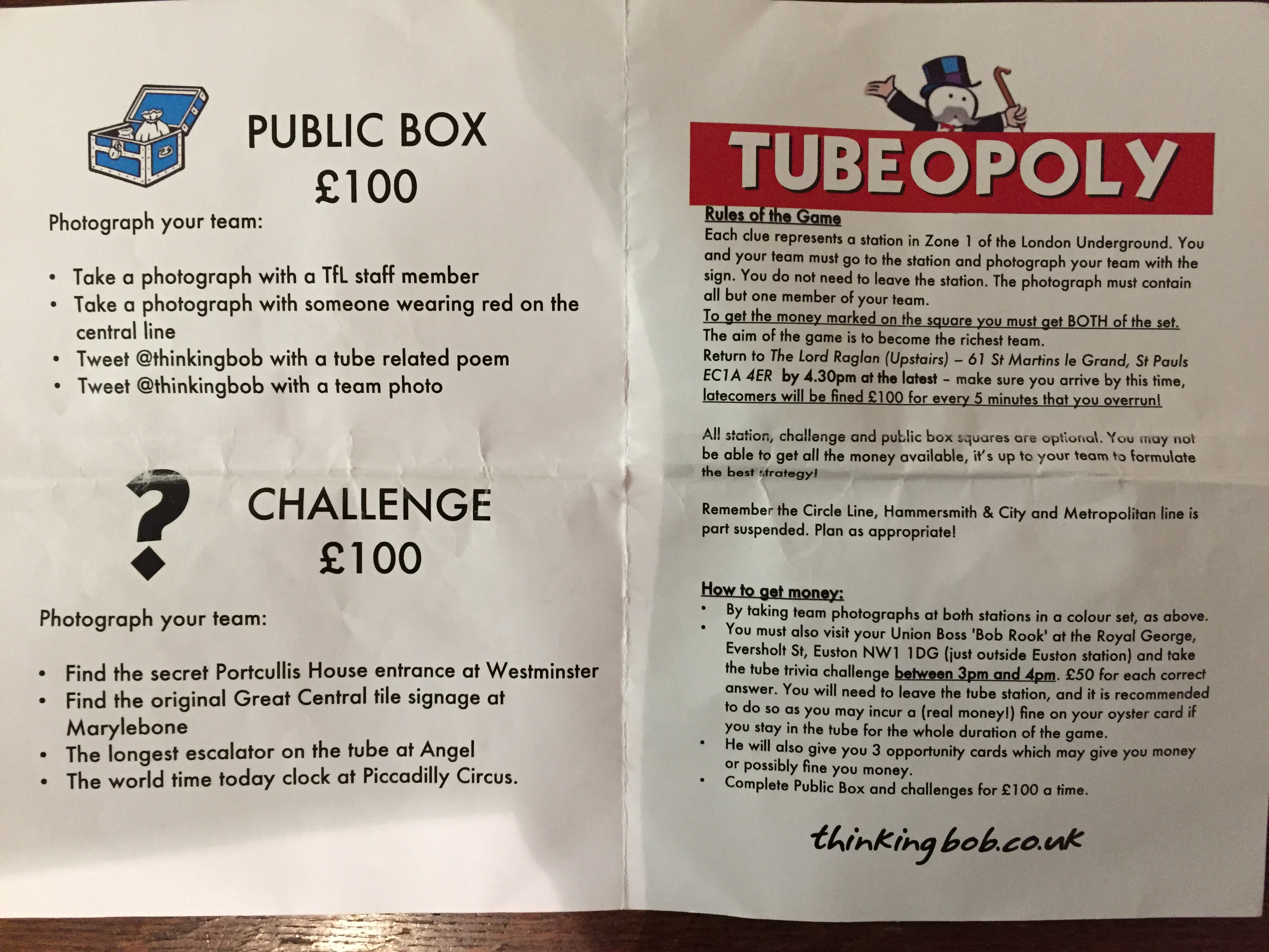 Two pages of rules and challenges for the Tubeopoly game.