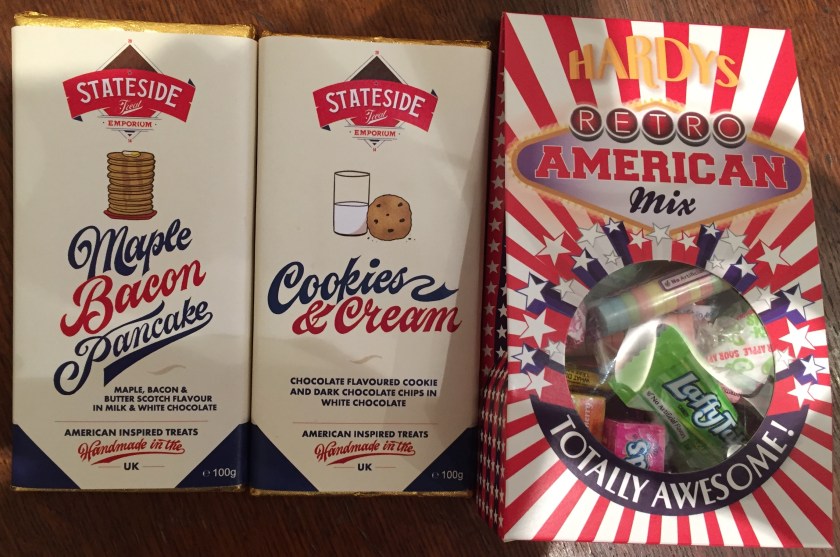 Stateside Chocolate Bars in the flavours Maple Bacon Pancake and Cookies & Creme, plus a bag of Hardy's Retro American Sweets Mix.