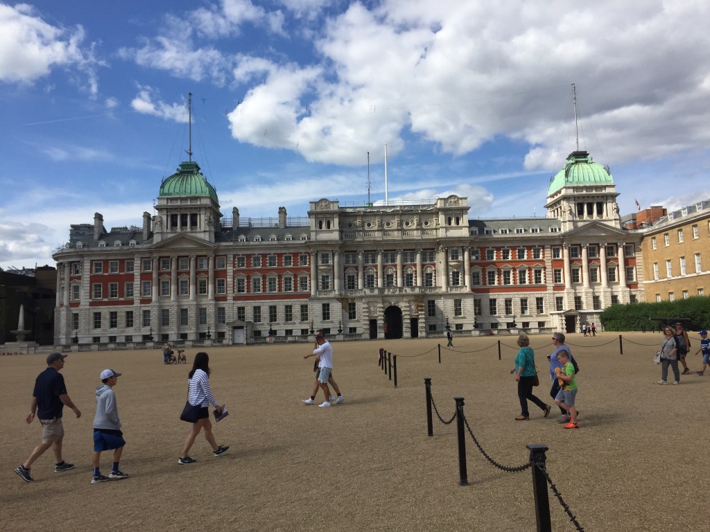 View towards the large 4 storey buildings on the left side of Horse Guard's Parade.