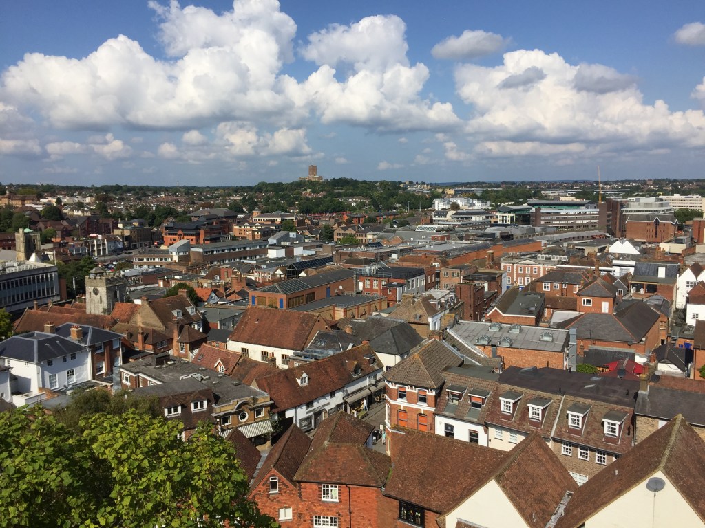 View over the town of Guildford from the top of the castle.