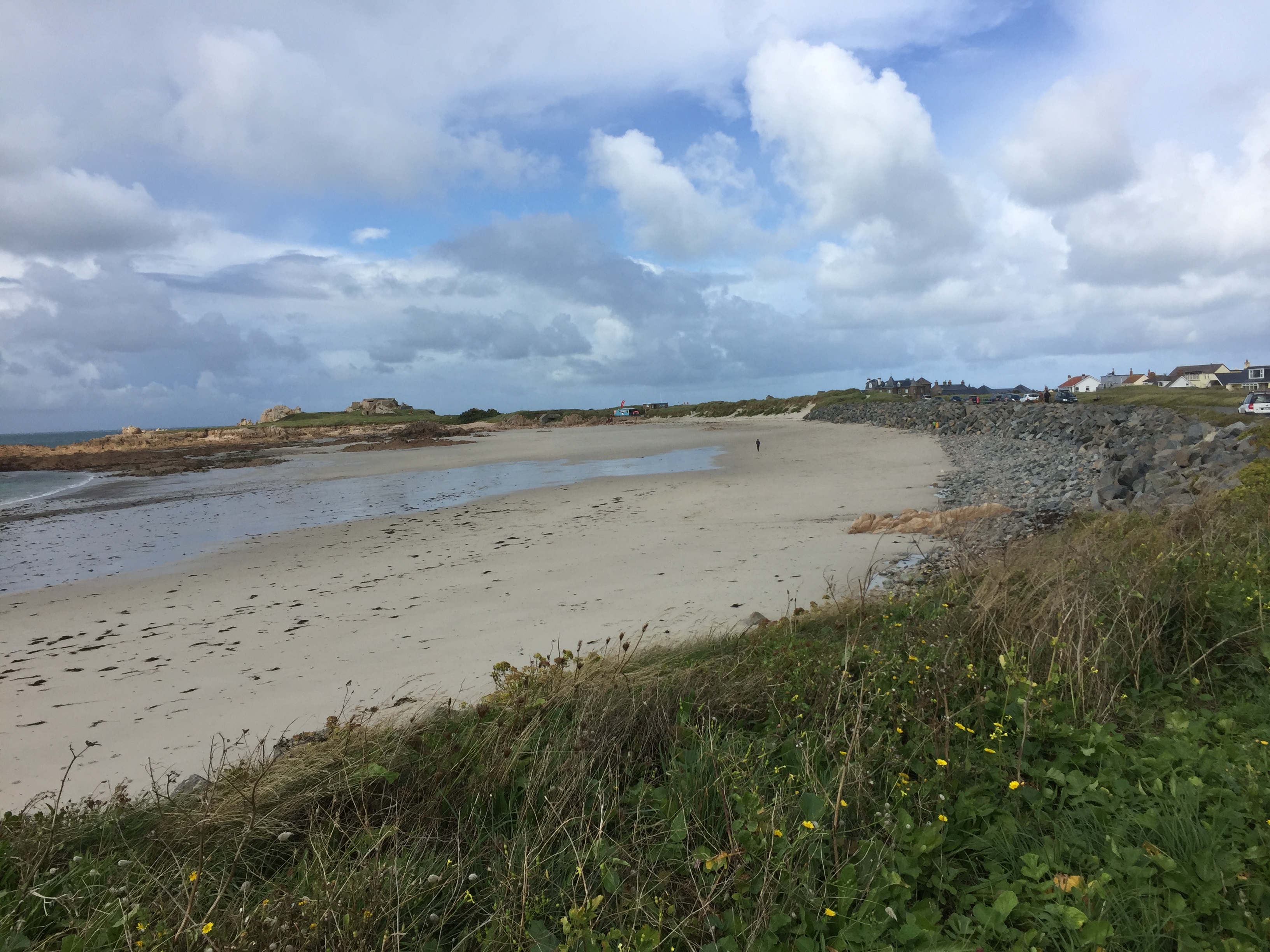 A wide curving beach on the Guernsey coast, bordered by sections of greenery and stones.