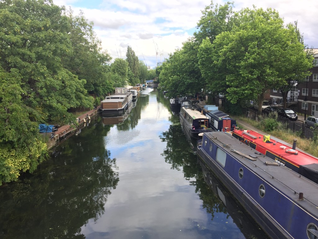 Barges parked along both sides of the canal in Little Venice.
