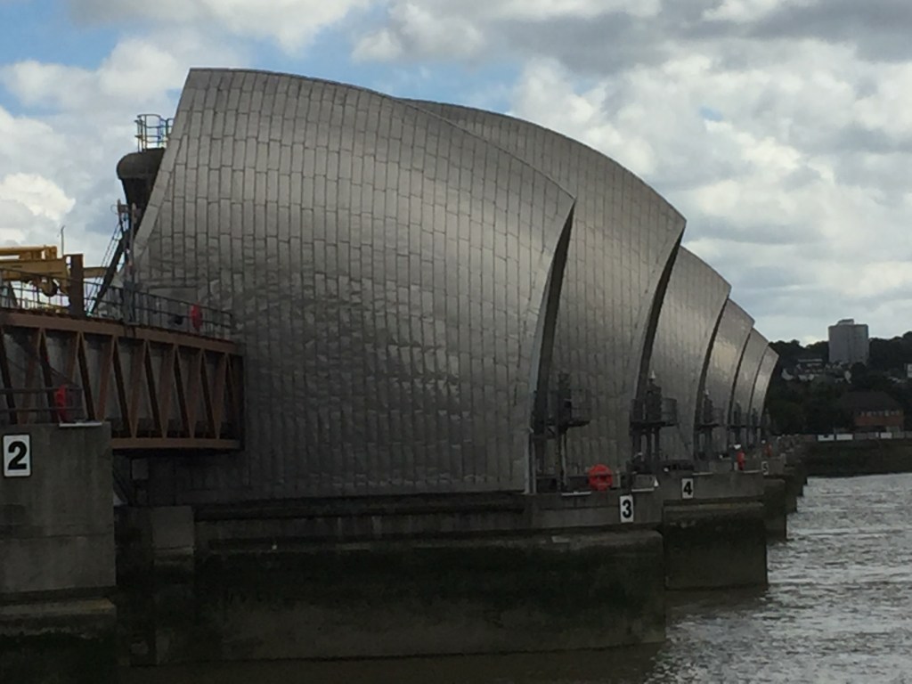 Close-up of one of the large metal domes on the Thames Barrier.