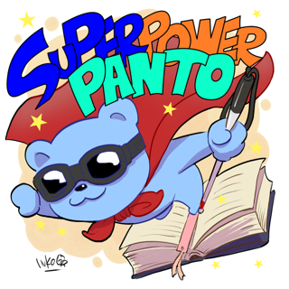 A blue bear, wearing dark glasses and a red cape, and holding a white cane in their outstretched arm, flies out from the pages of a book, with colourful words above them that say Super Power Panto.