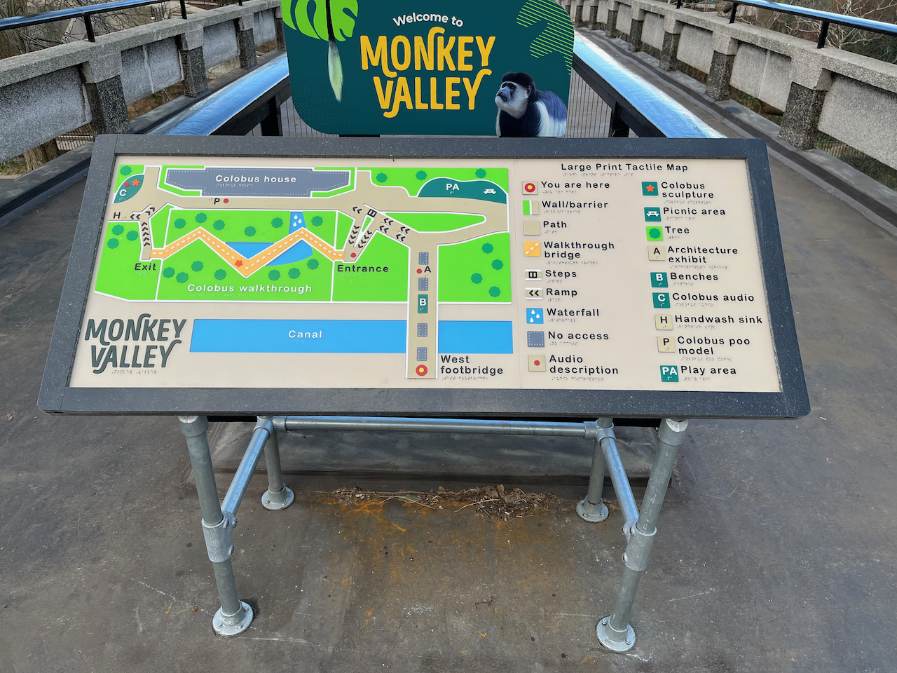 A large print and tactile map of Monkey Valley at London Zoo.