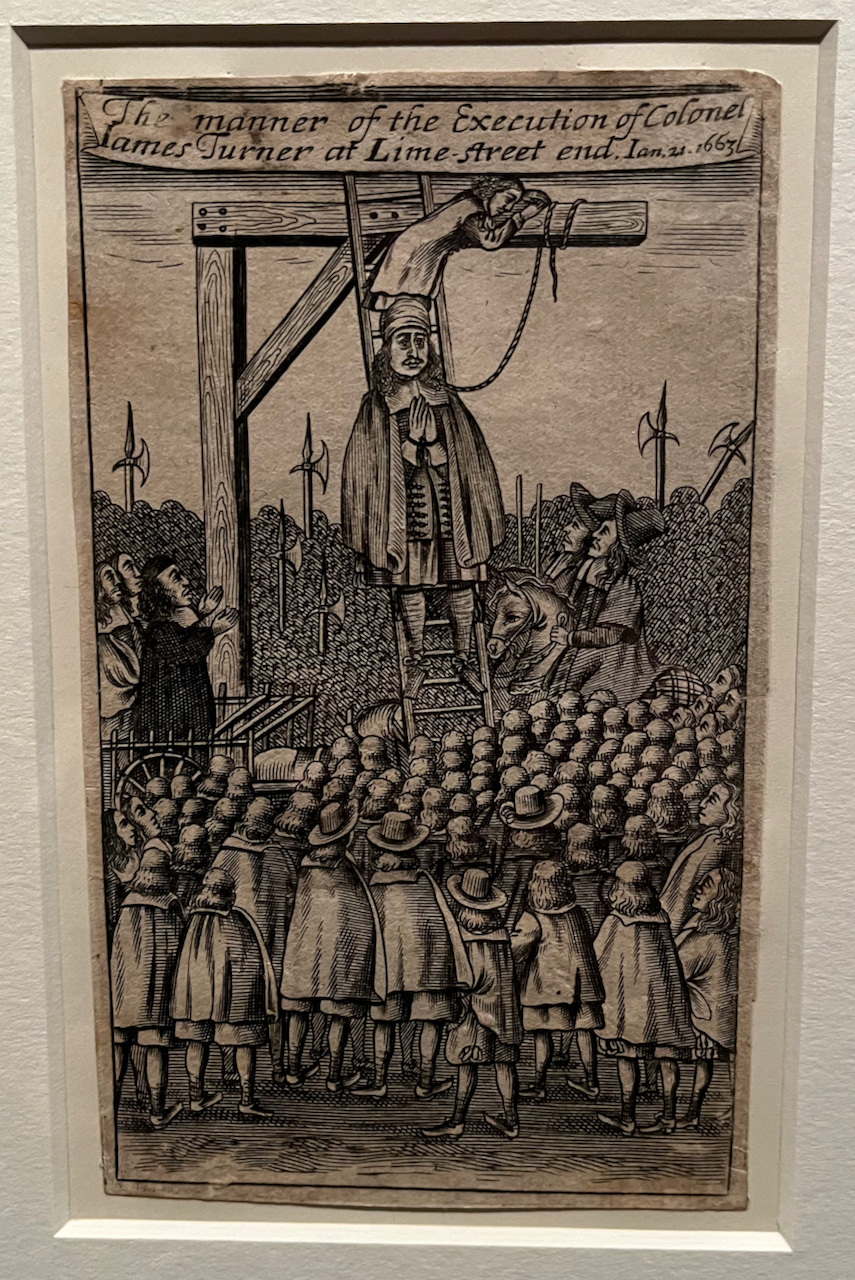 A black and white artwork entitled The Manner of the Execution of James Turner at Lime Street End. It shows the man standing on a ladder, facing out towards a large crowd of people. A rope is around his neck, and the hangman is higher up the ladder behind him, tying the other end of the rope to a beam that forms the top of a right-angled wooden frame.