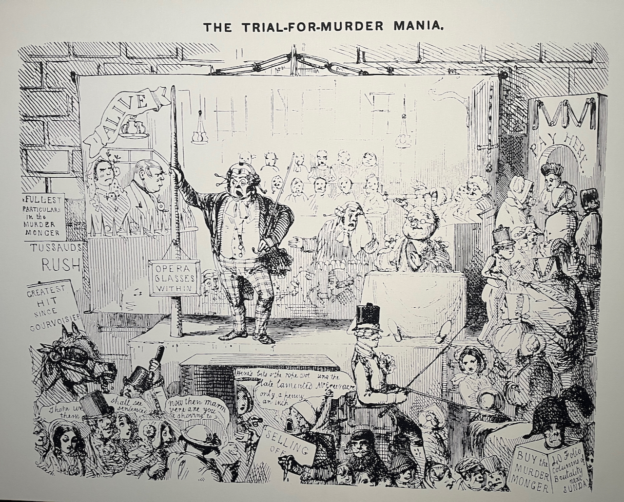 A black and white Punch cartoon of a big crowd of people paying to attend an execution, entitled the trial-for-murder mania. As noted on the British Library's website, the cartoon contains details such as sign reading Opera glasses within and a booth to buy tickets, creating a disturbing, grim link between the horror of murder, popular entertainment and commercialism.