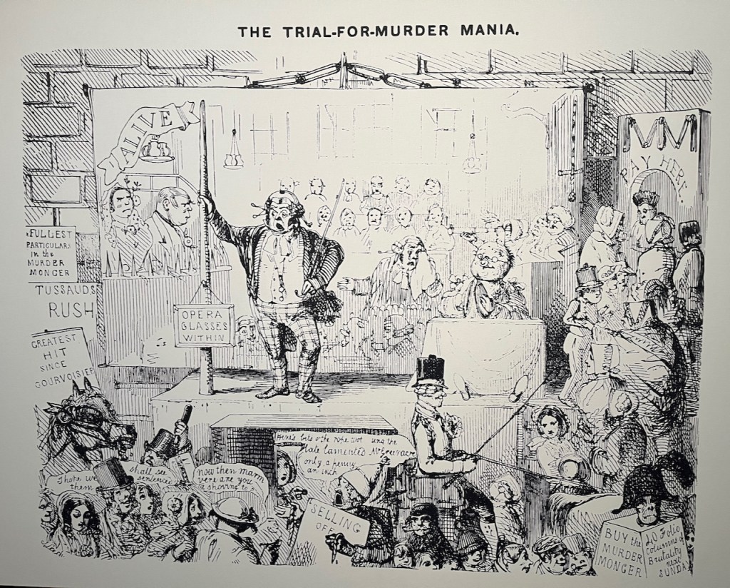 A black and white Punch cartoon of a big crowd of people paying to attend an execution, entitled the trial-for-murder mania. As noted on the British Library's website, the cartoon contains details such as sign reading Opera glasses within and a booth to buy tickets, creating a disturbing, grim link between the horror of murder, popular entertainment and commercialism.