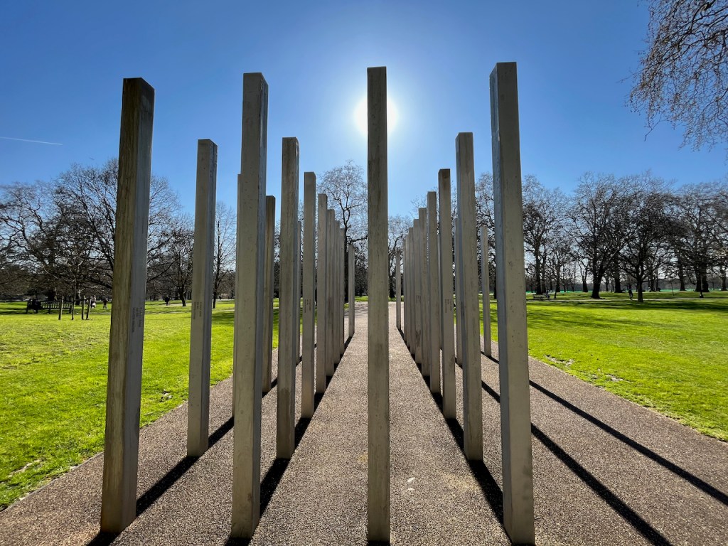 The 7 July memorial, with 52 tall stainless steel pillars representing each victim of the 7 July 2005 London bombings.
