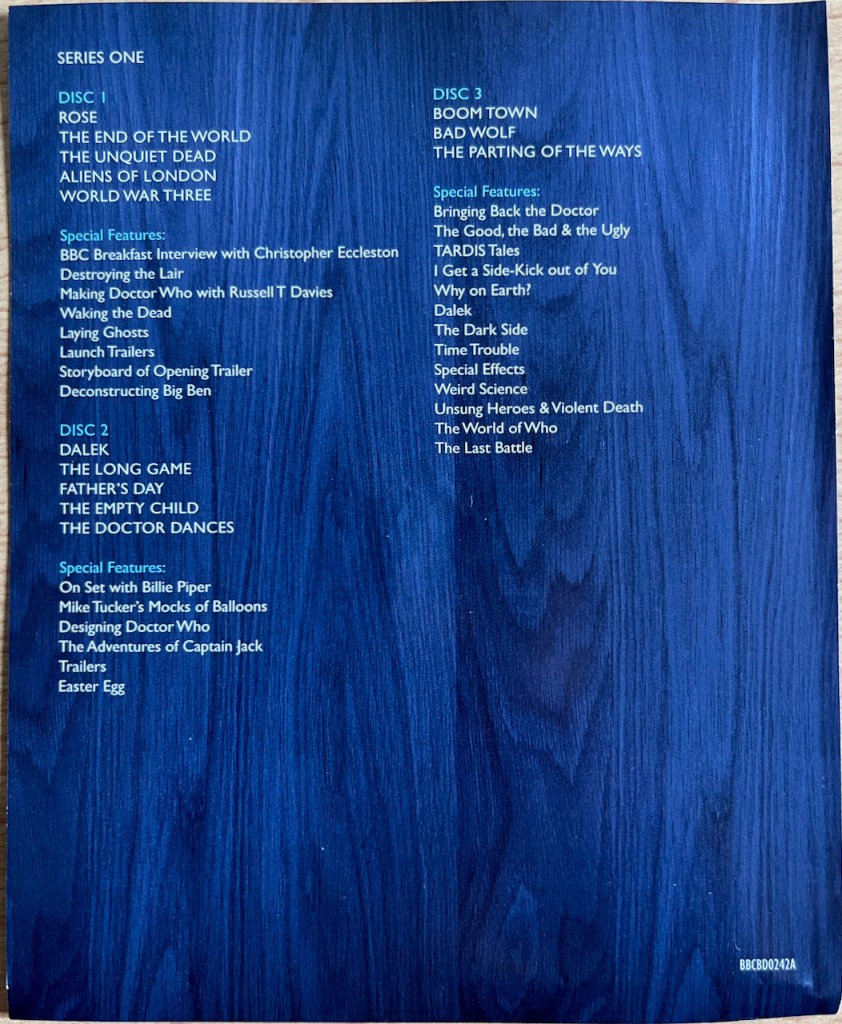 The rear side of the flyer included in the Doctor Who Series 1 Blu-ray set, listing the episodes and extras on each of the 3 discs.
