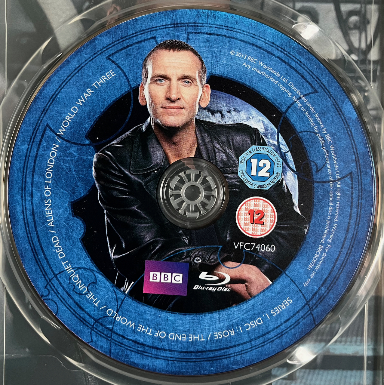 Doctor Who Series 1, Blu-ray Disc 1, featuring an image of Christopher Eccleston's Doctor in a black leather jacket.