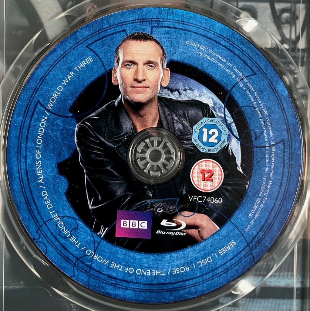 Doctor Who Series 1, Blu-ray Disc 1, featuring an image of Christopher Eccleston's Doctor in a black leather jacket.