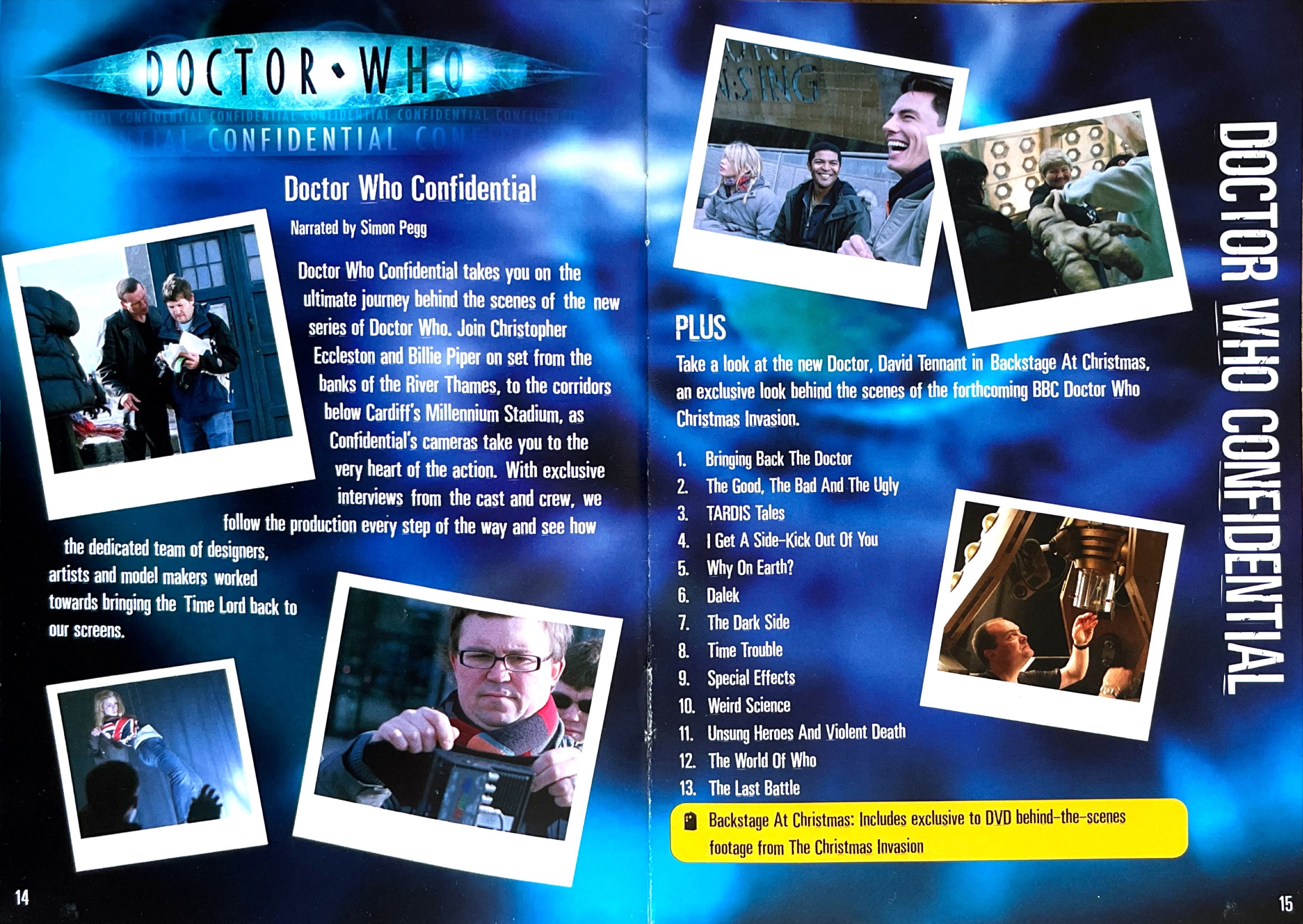 2-page spread about the Doctor Who Confidential episodes in the DVD box set for Doctor Who Series 1, including a few behind-the-scenes photos from the production of the show.
