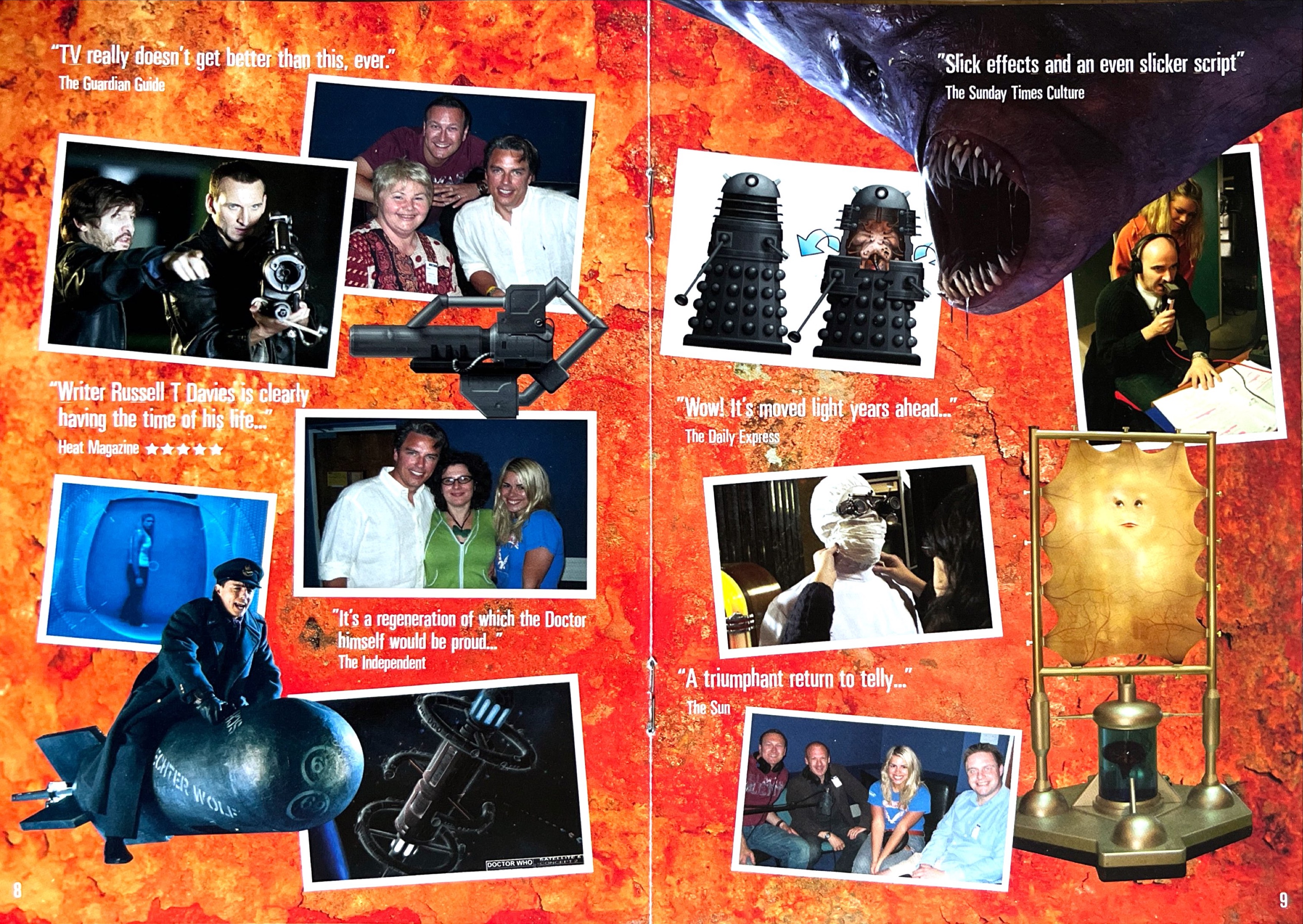 2-page spread of behind-the-scenes photos from Doctor Who Series 1, and a few quotes from media reviews, in the booklet accompanying the DVD box set.