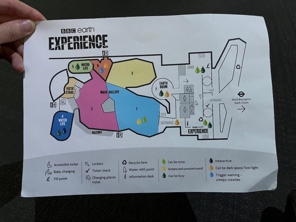 A map of the BBC Earth Experience, with the different sections colour coded.