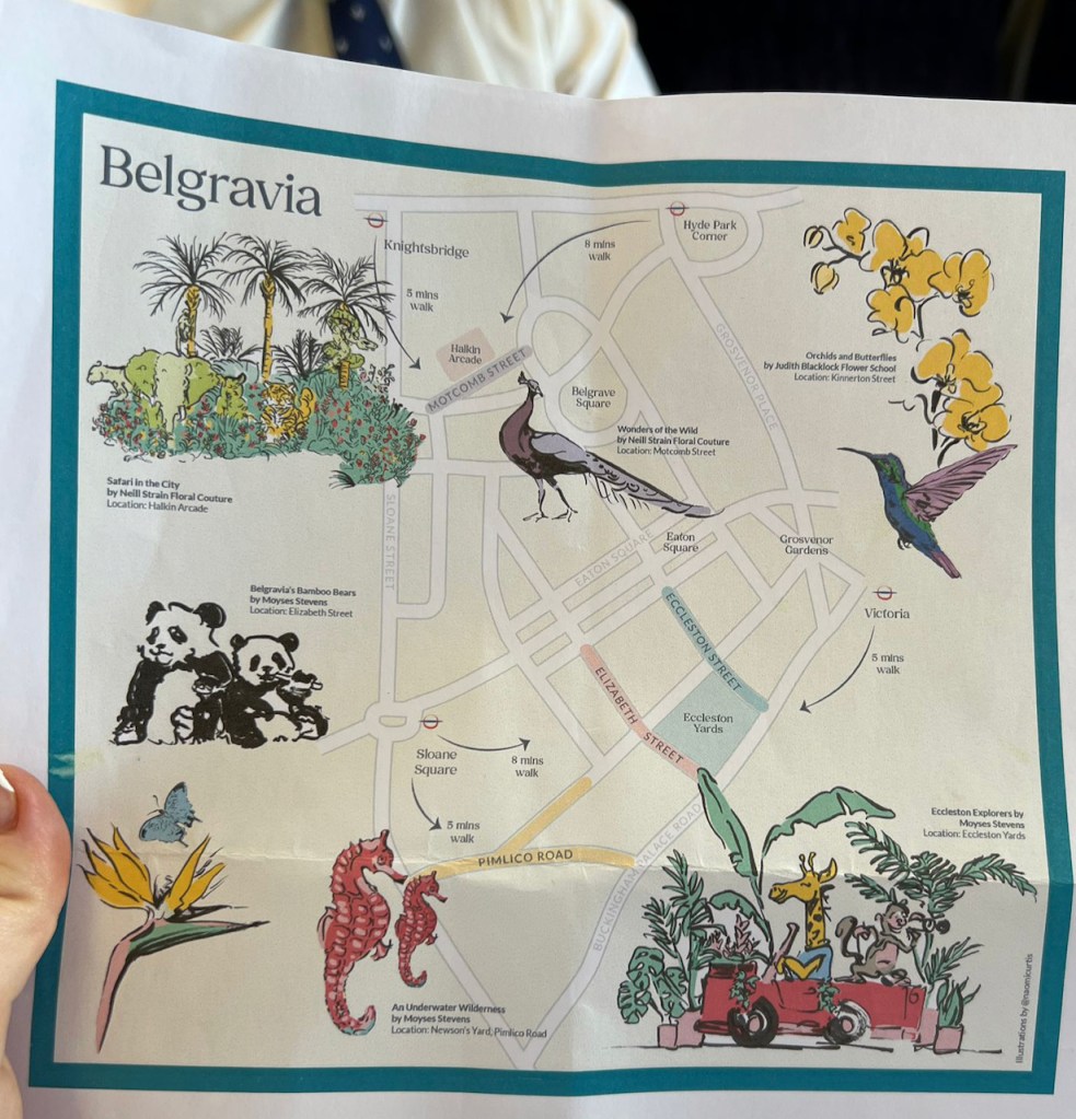 Map of Belgravia In Bloom, showing illustrative drawings of some of the larger exhibits, including a couple of safari scenes, pandas, seahorses, a peacock and orchids.
