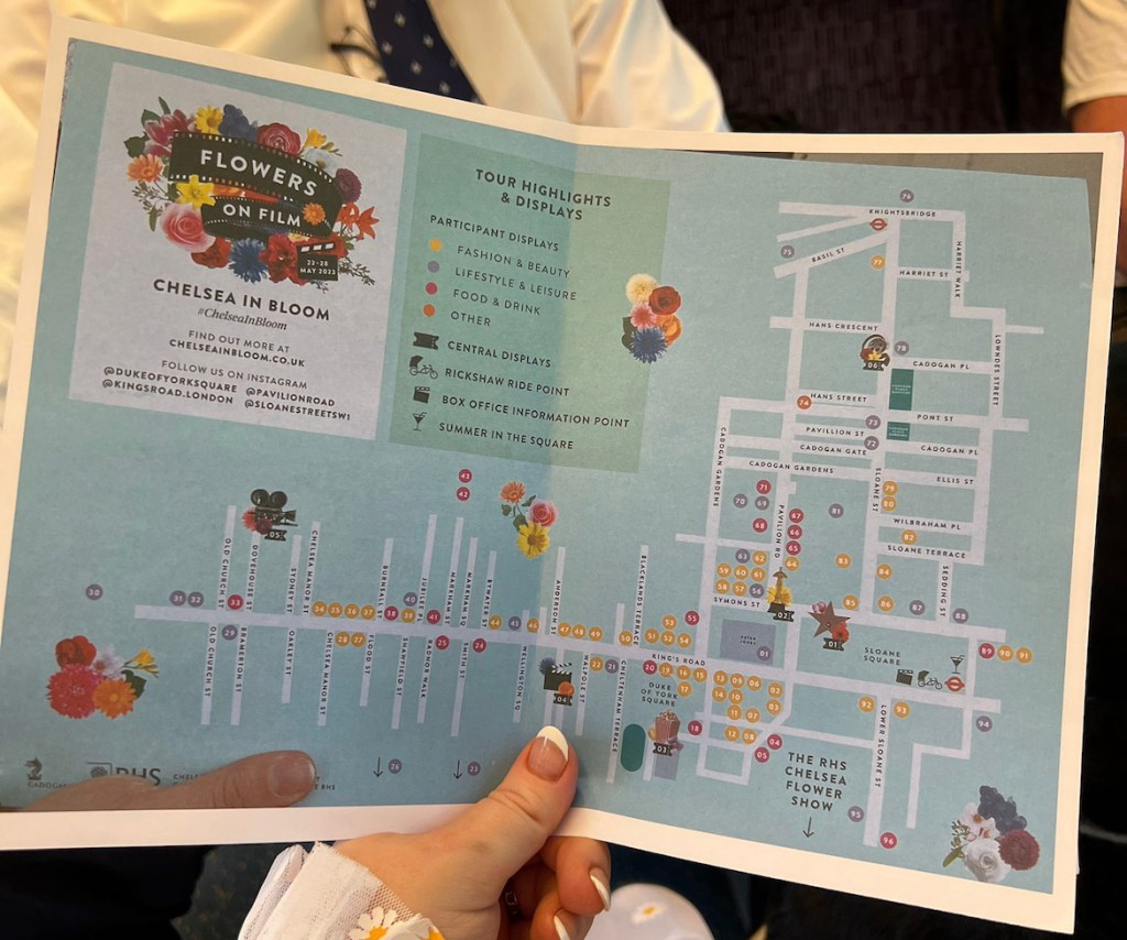Map of the Chelsea in Bloom displays. There are coloured dots containing numbers indicating where different installations can be found.