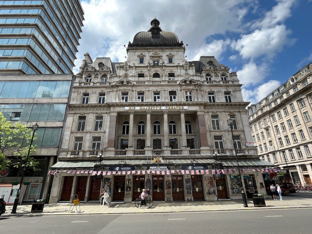 His Majesty's Theatre, 5 storeys high with 9 windows across, and an extra level of just 3 windows across in the centre at the very top.