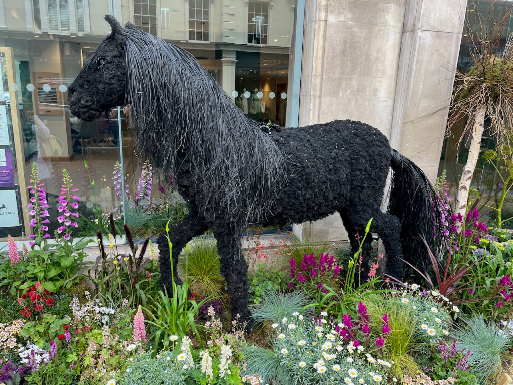 A floral display showing the horse Black Beauty trotting through a bed of colourful flowers.
