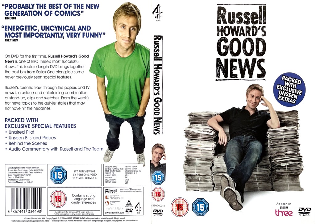 DVD cover spread for Russell Howard's Good News - The Best Of Series 1. The front cover shows Russell, in a dark shirt and jeans, sitting on a chair where the seat, arms and back is made entirely out of piles of newspapers. The back cover shows Russell standing in a green t-shirt, dark jeans and white trainers, alongside a description of the DVD.